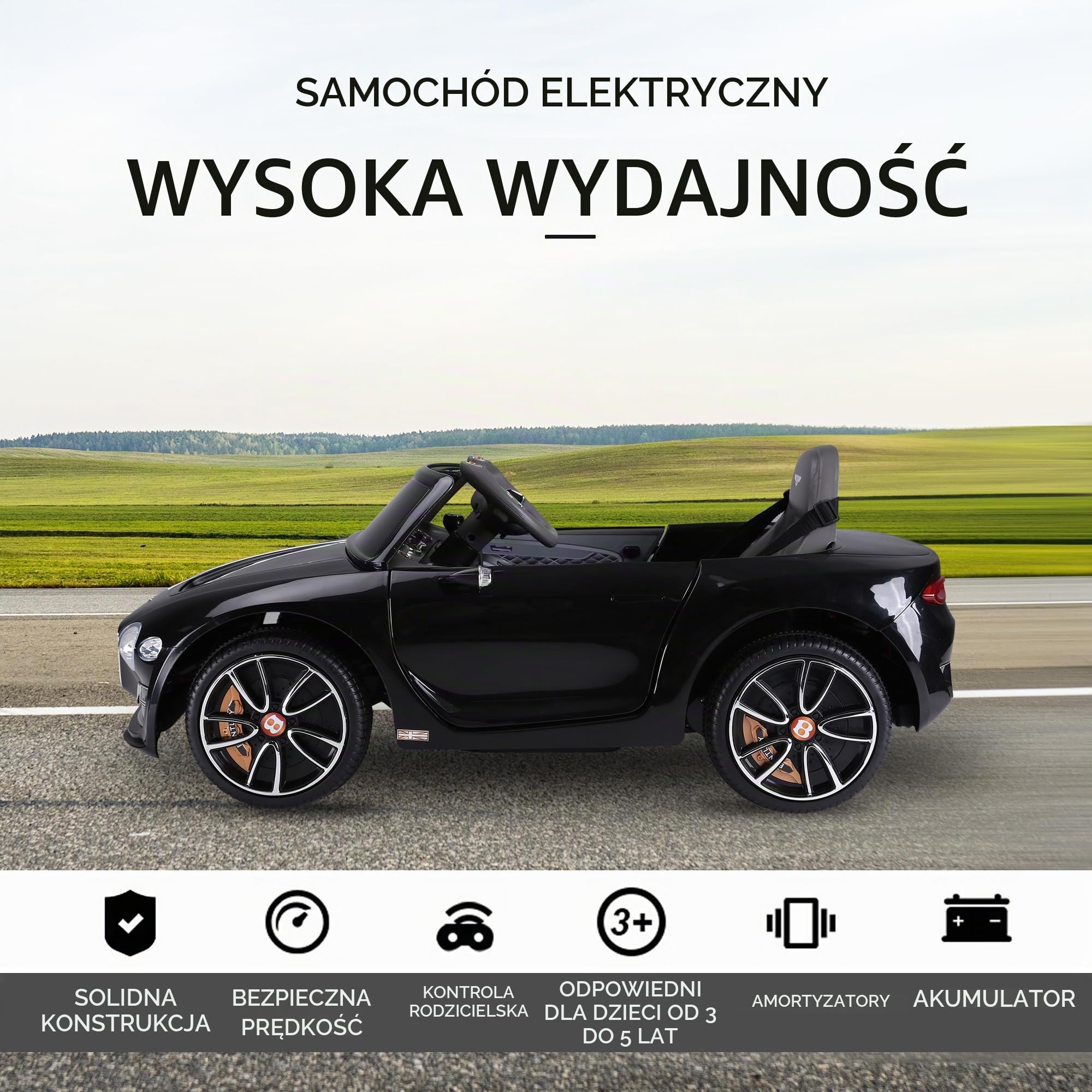 HOMCOM Pojazd elektryczny dla dzieci 2 silniki 108 l x 60 l x 43H cm pilot Efekty dźwiękowe + światło czarne Bentley