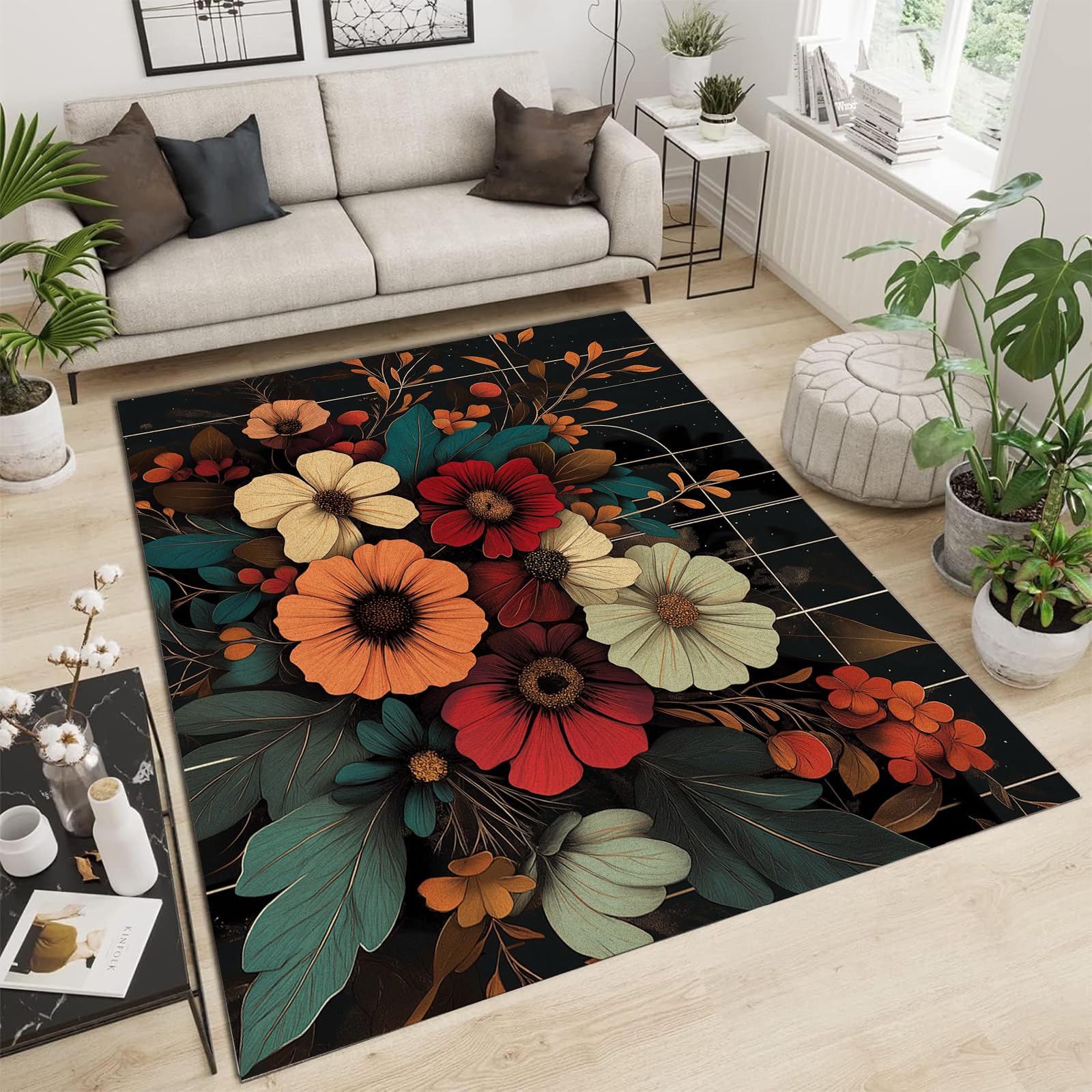 Tapis de chambre adulte et bureau moderne 90x180cm aux motifs de fleurs lumineuses