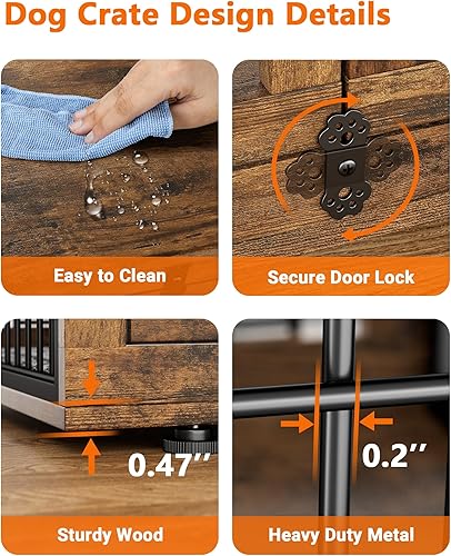 Miniatura 4 de Mueble de jaula para perros con cojín, perrera de madera para interiores con puertas dobles, jaula para perros con ruedas, mesa auxiliar de casa