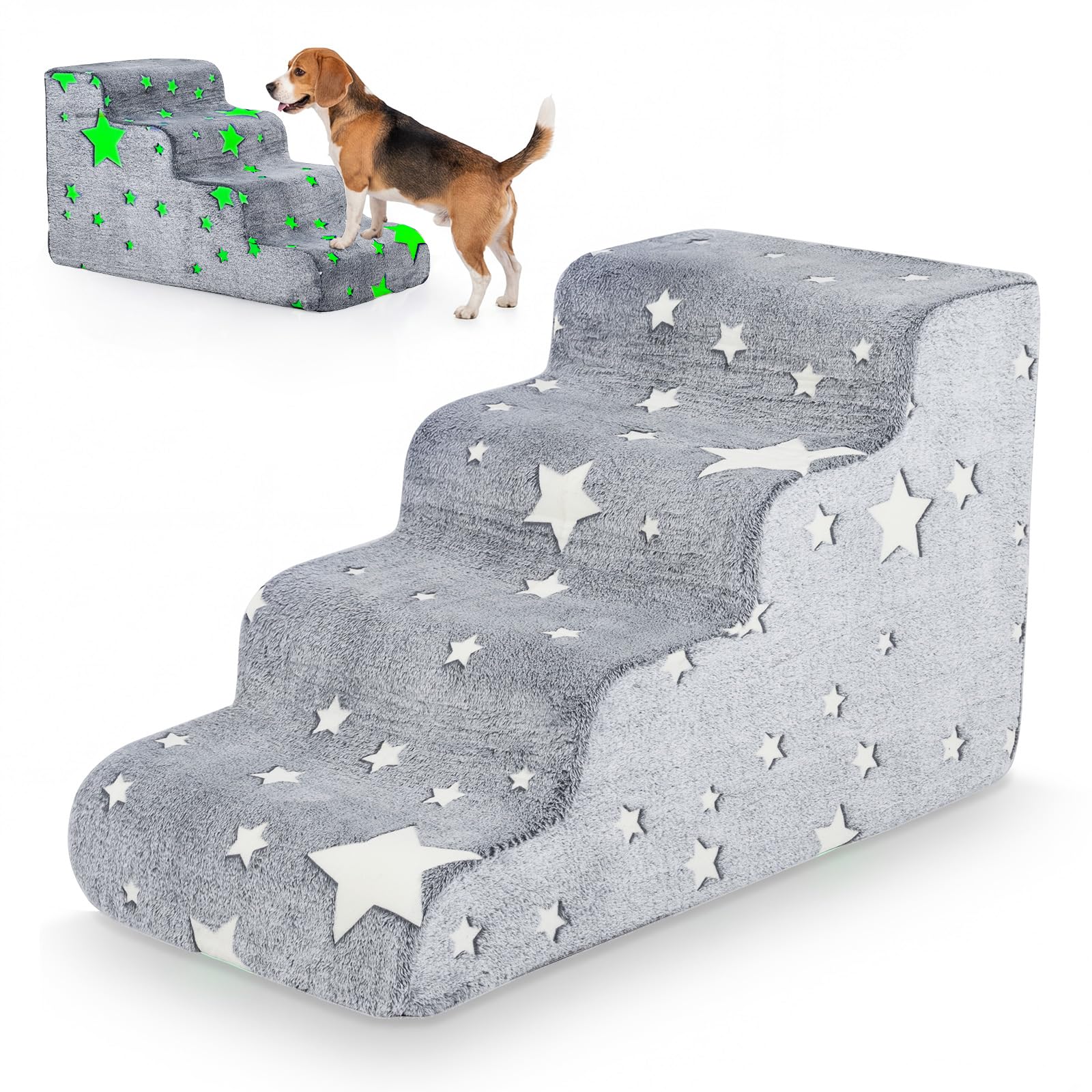 DREAMADE Hundetreppe 50 cm Hoch mit leuchtenden Mustern, Haustiertreppe aus hochdichtem Schaumstoff mit waschbarem Bezug, Katzentreppe mit Rutschfester Boden, für Couch, Sofa & Bett (4 stufig)
