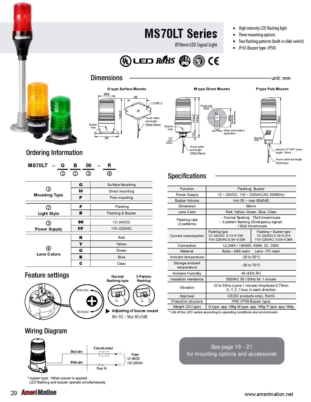 MS70LT-PBFF-Y, 70mm LED Signal light, Pole Mount, Flashing & Buzzer, 110-220VAC, Yellow Lens