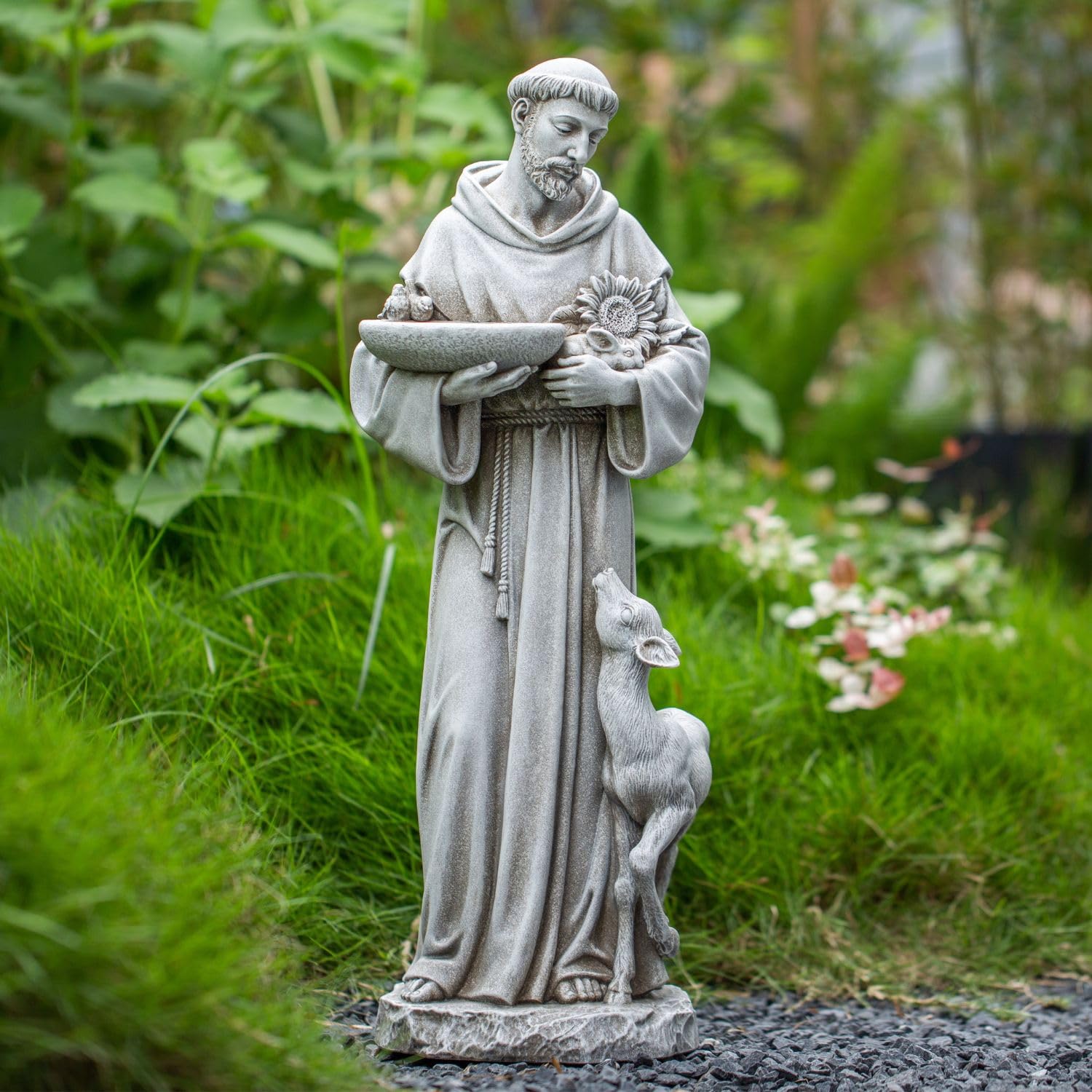 Grace4Joy Saint Francis Garden Statue, Decorative Religious Outdoor Sculpture with Sunflower Bowl and Animal Companion, Brown Resin, Standing Design (Stone)