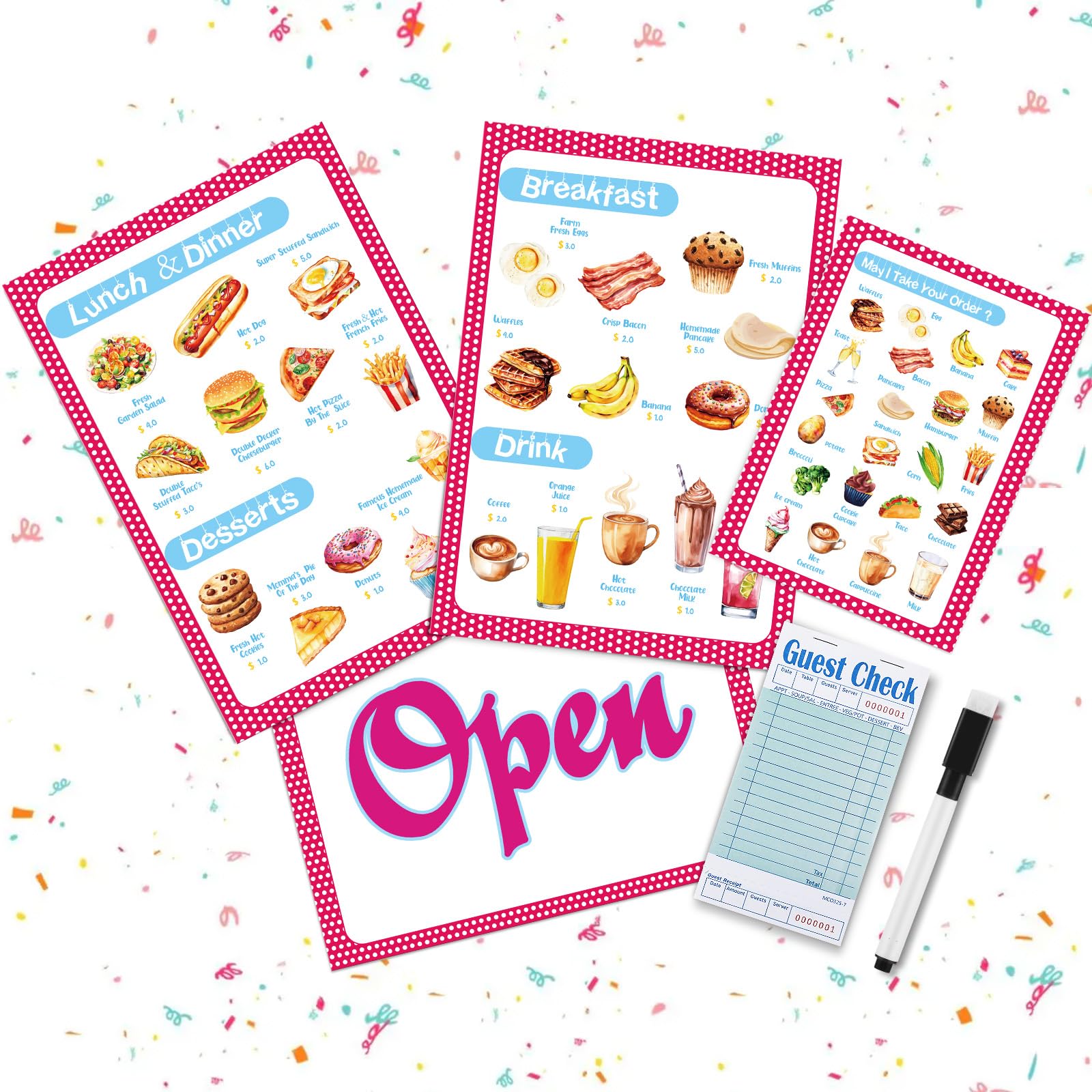 Yinkin Pretend Play Restaurant Menu Food Diner Menu Playset Kitchen Restaurant Play Set for Kids Toddler Role Play Accessories