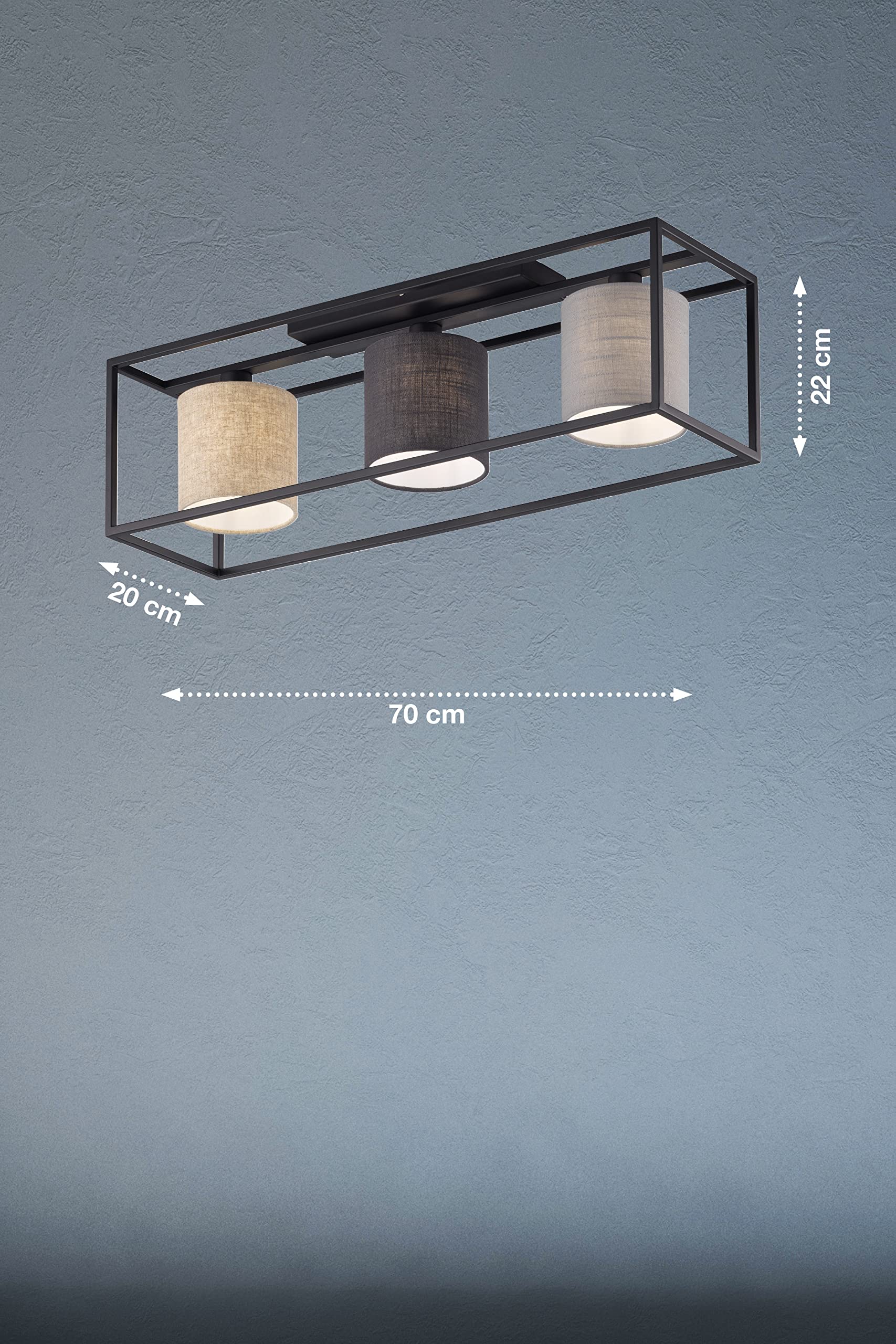 Fischer & Honsel | Deckenleuchte, Isko | sandschwarz|Leinen Stoffschirme: hellgrau, grau, sandfarben| L: 70,00 cm, B: 20,00 cm| Ausl. Decke: 22,50 cm| 3x E14 max. 25,0 Watt| 21358