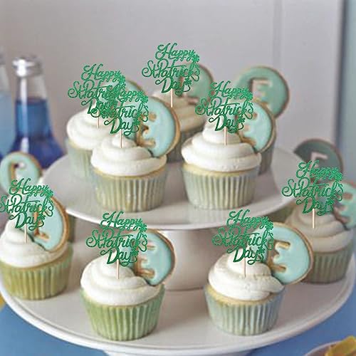Miniatura 4 de Paquete de 24 decoraciones para cupcakes del Día de San Patricio, trébol de cuatro hojas con purpurina verde, bandera irlandesa, decoración para