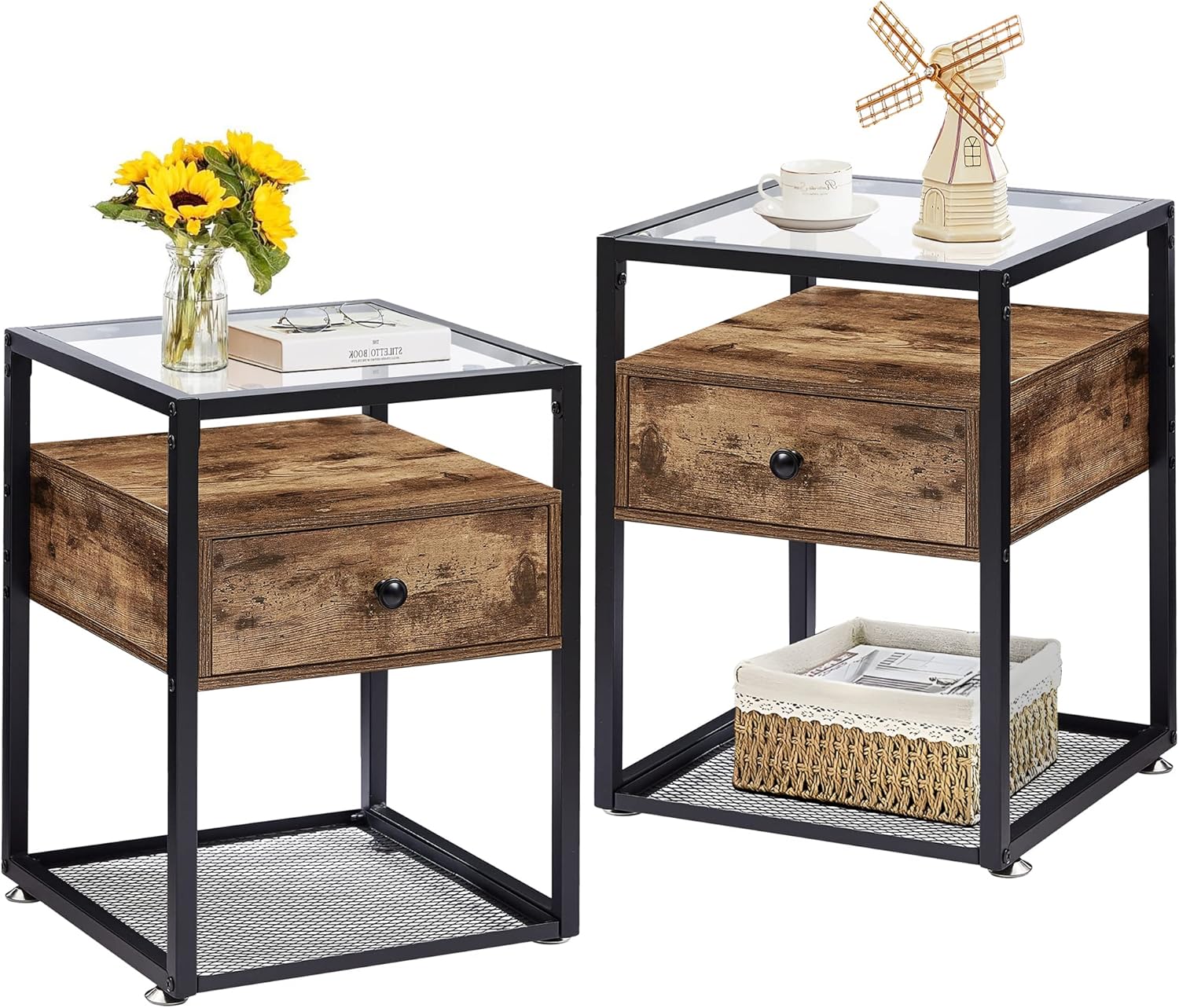 VECELO End Table, Modern Nightstand with Drawer, Night Stand Set of 2 for Bedroom Living Room,Tempered Glass, 2 Pack, Brown