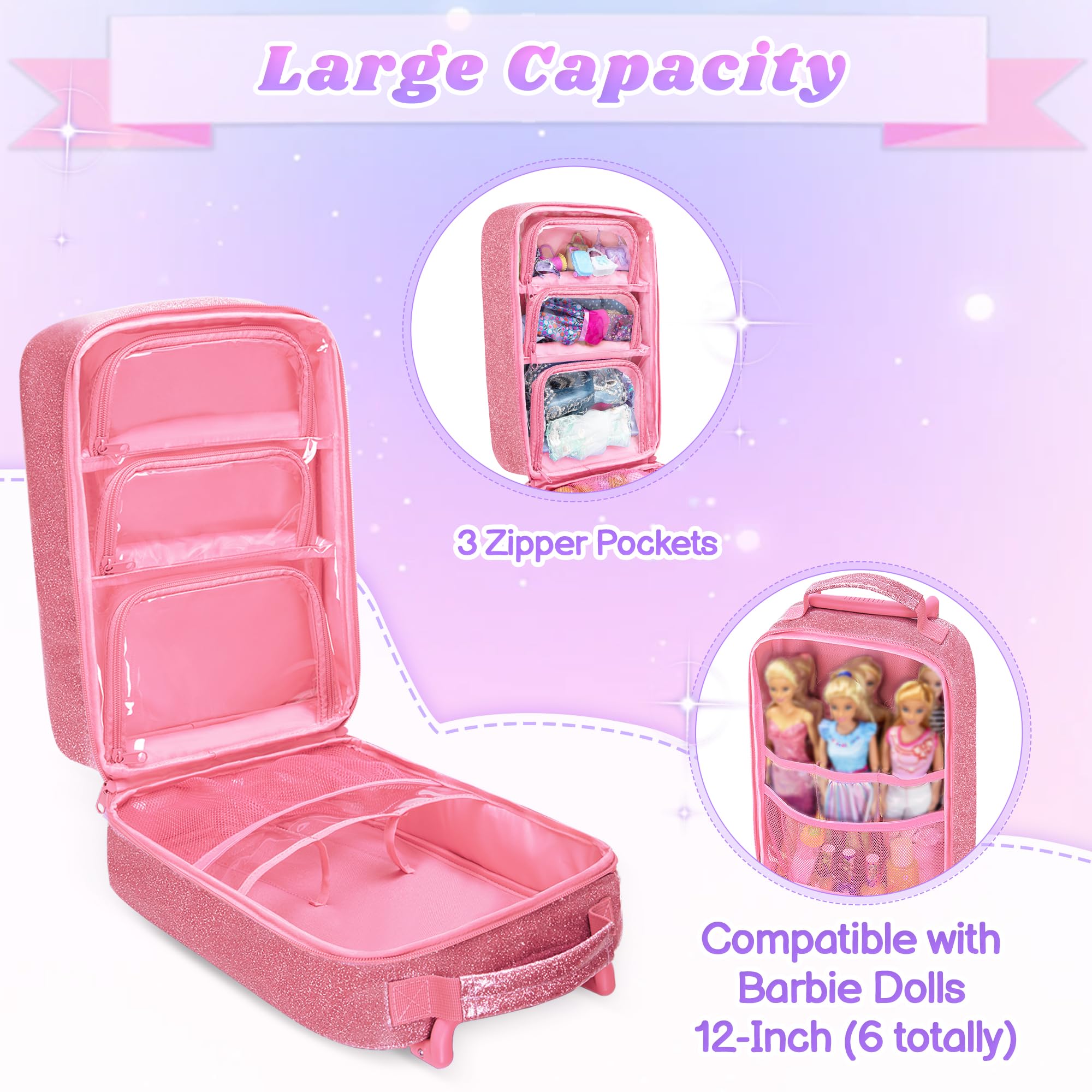LoDrid Doll Backpack Compatible with Barbie Dolls 12-inch, Doll Carrying Case with Wheel - Image 4