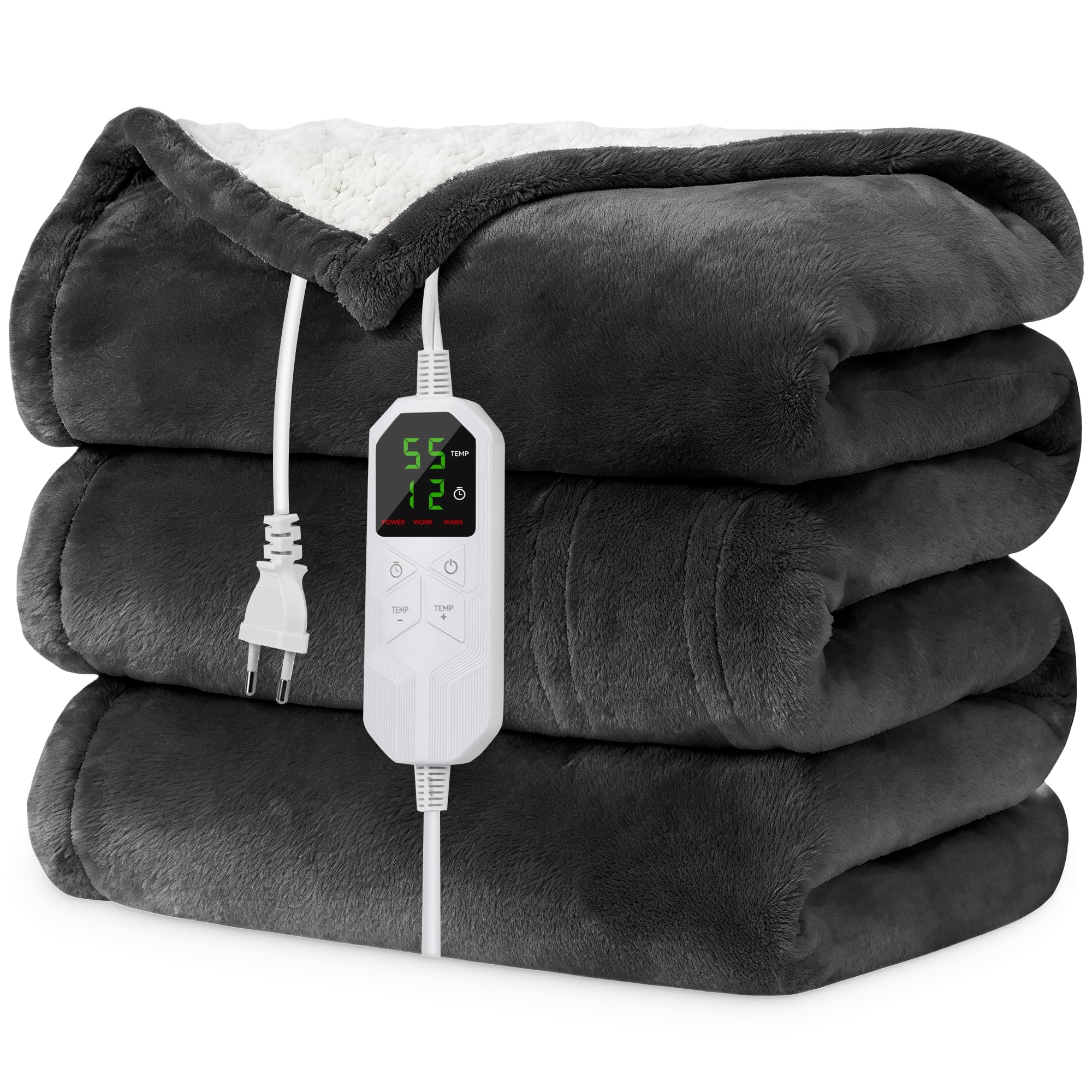 Heizdecke Mit Abschaltautomatik 130x180CM, Wärmedecke mit 8 Heizstufen & 1-12 Stunden Auto-Off-Timer Überhitzungsschutz, Maschinenwaschbar Flanell-Sherpa Wärme Decke für Home & Office, Grau