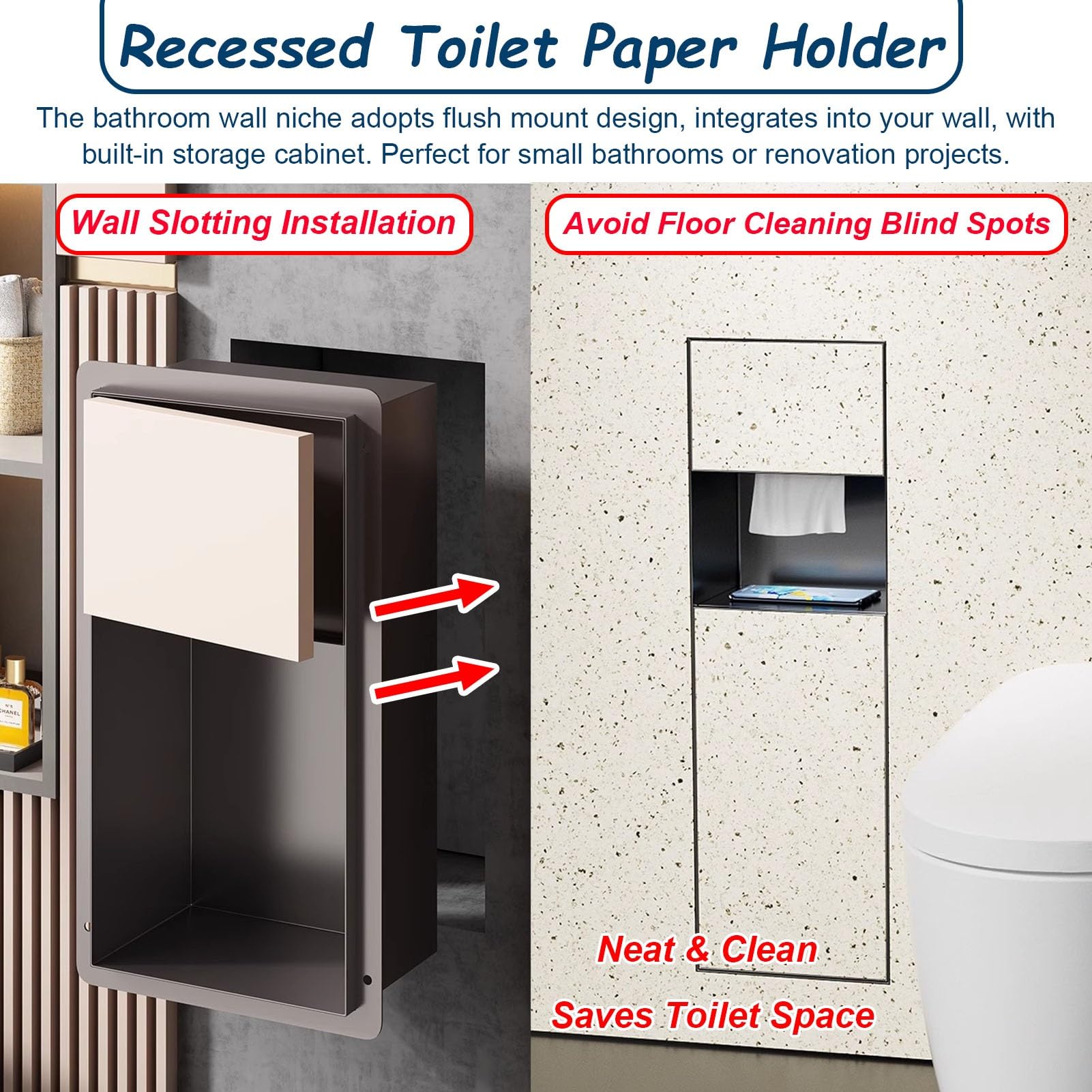 Vibeo Portarrollos Empotrable Portarrollos de Papel Higiénico Empotrado con Cubo de Basura, Dispensador de Nicho para Inodoro Alicatable, Porta Rollos de Papel Higiénico Oculto