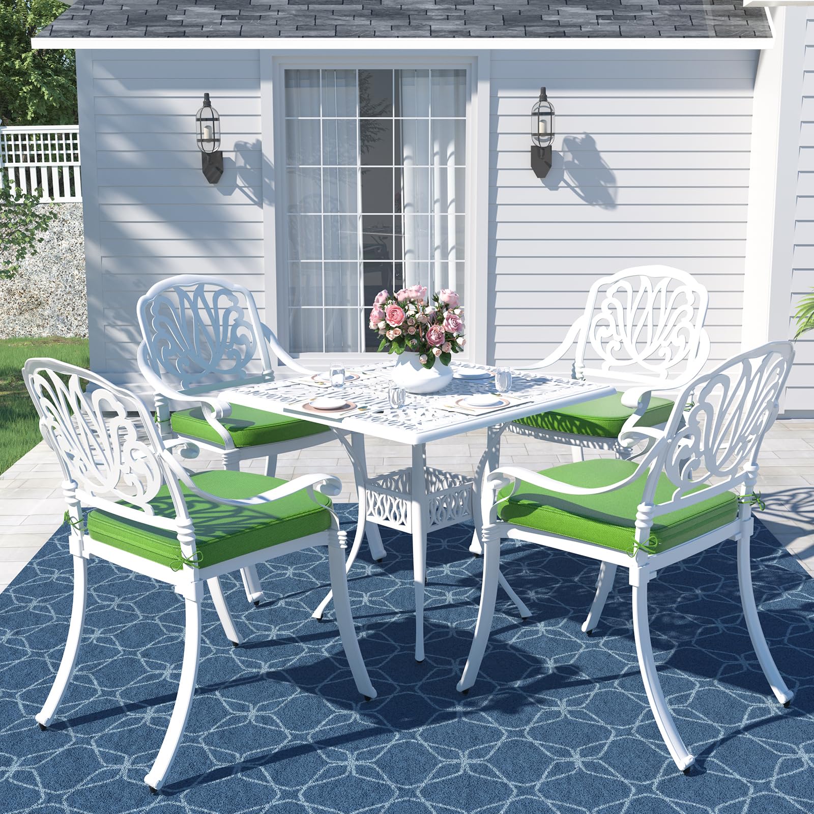 MEETWARM 5-Piece Outdoor Patio Dining Set, All-Weather Cast Aluminum Patio Conversation Set for Backyard Garden Deck with 4 Chairs, 4 Cushions and