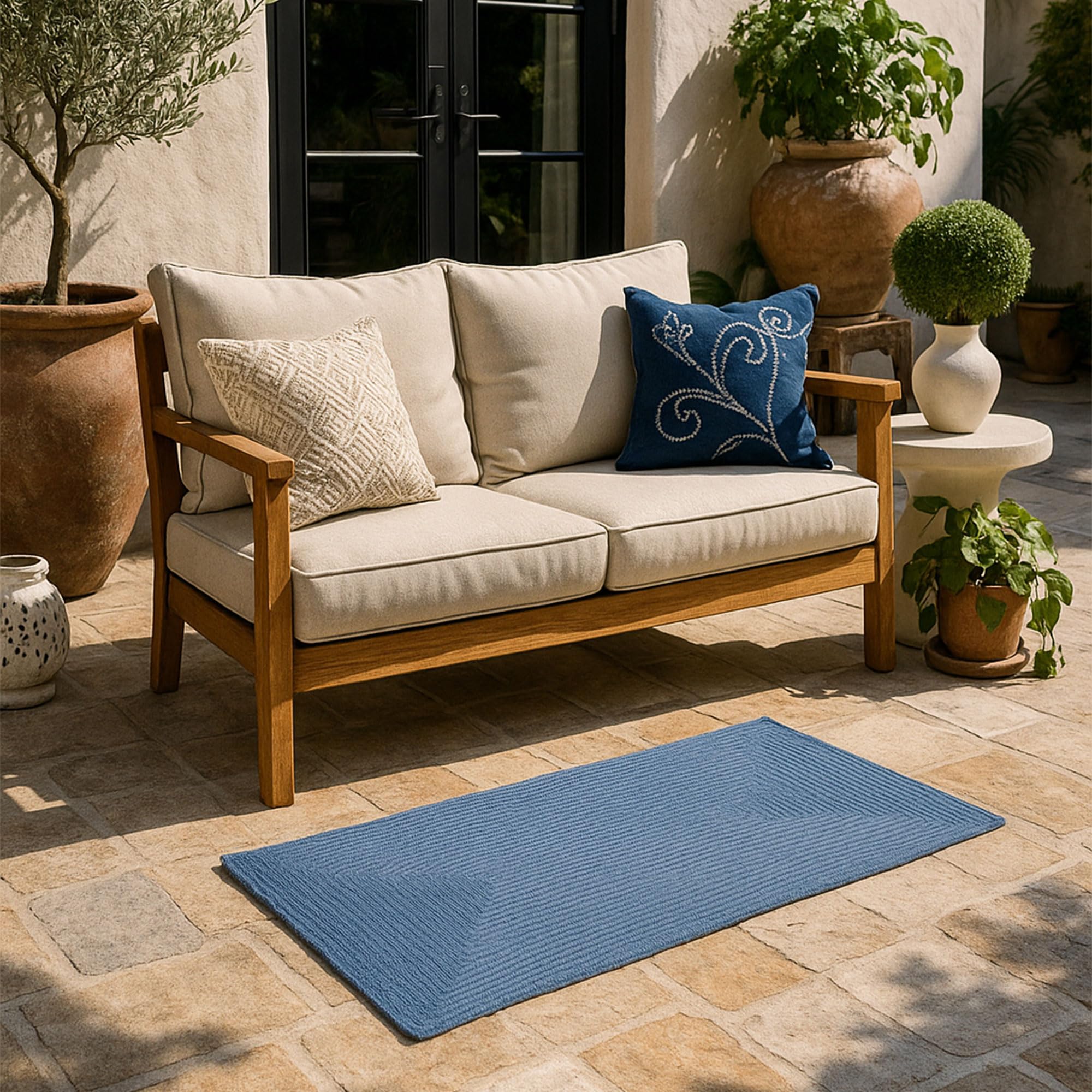 HAMID Outdoor Teppich aus recyceltem PET – Waschbar, Wasserfest & Pflegeleicht – Nachhaltiger In & Outdoor Teppich für Terrasse, Balkon, Garten oder Wohnzimmer (110x60cm, Blau)