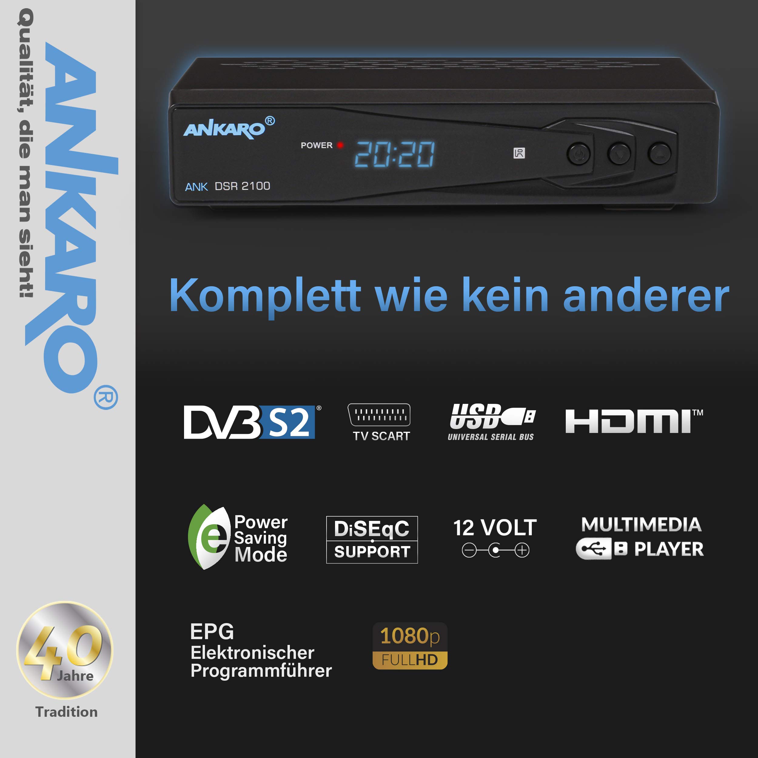 ANKARO DSR 2100 - Receptor de satélite digital Full HD 1080p, con reproductor multimedia USB, pantalla HDMI, Scart, LED, fuente de alimentación de 12 V, ideal para camping