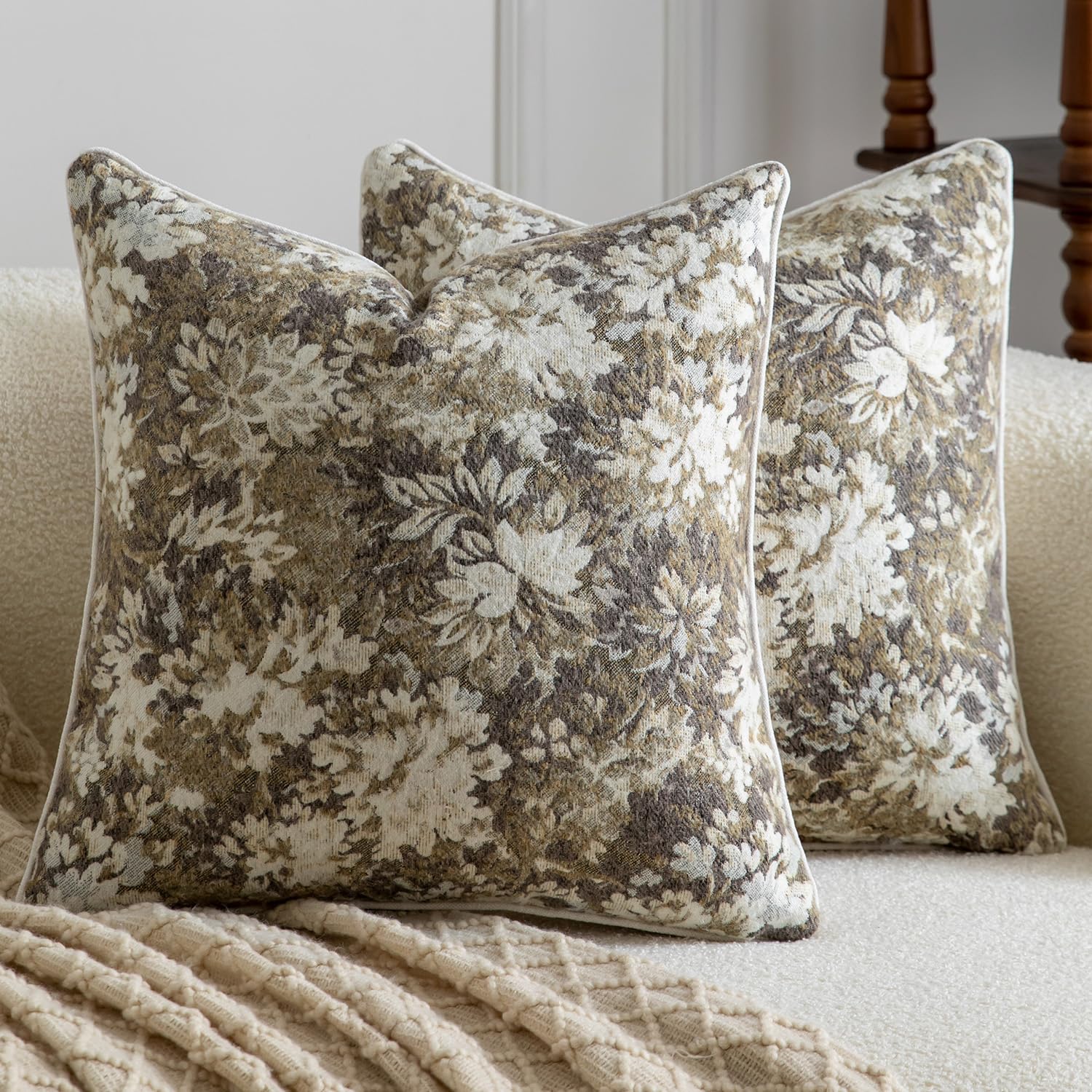 Madizz Pack of 2 Decorative Cushion Covers 50x50 cm Ivory Gold Taupe Vintage Floral Throw Pillows Soft Solid Jacquard Pillow Covers for Couch Sofa Bedroom Living Room