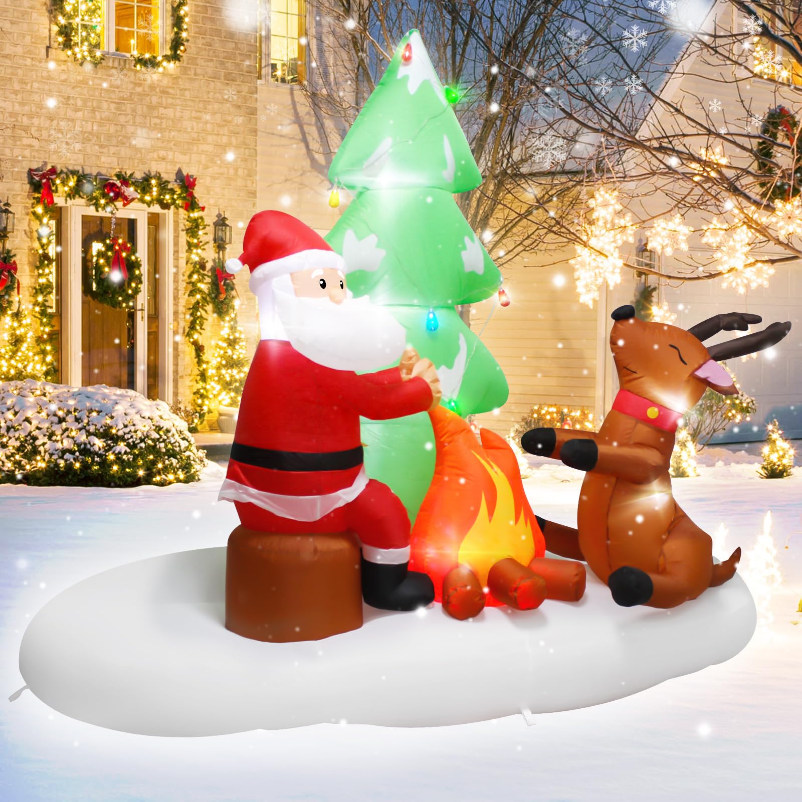 Decorazione gonfiabile di Babbo Natale da 2,4 metri: decorazione natalizia gonfiabile con luci a LED integrate, Babbo Natale con cervo che arrostisce sotto l'albero di Natale, decorazione gonfiabile