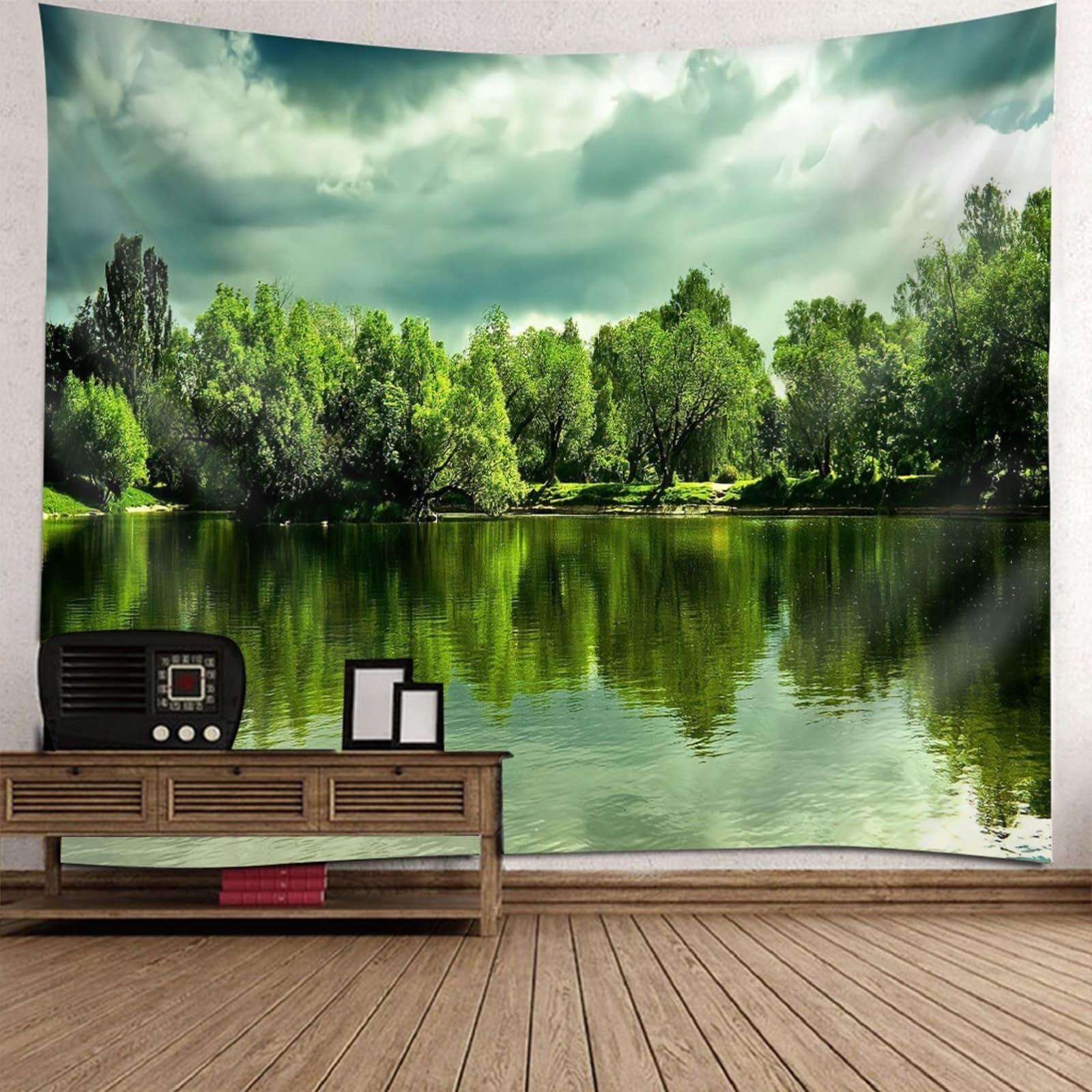 Skcess Wandbehang Grün, Polyester Wandbehang See, Bäume, Naturlandschaft Wandteppich 240x220cm