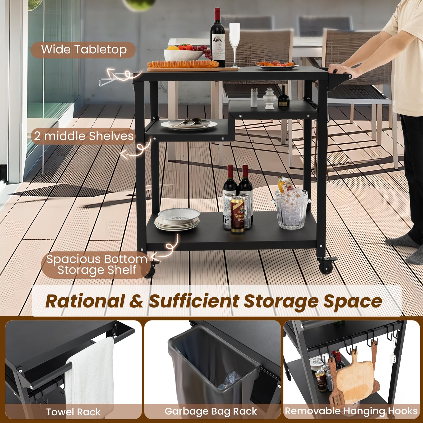 KOMFOTTEU Chariot pour Barbecue avec 4 Étagères, Desserte de Jardin avec Porte-Serviettes, Crochets et Étagère à Épices, roulettes verrouillables, Desserte d’Extérieur, 111 x 50,5 x 93 cm, Noir
