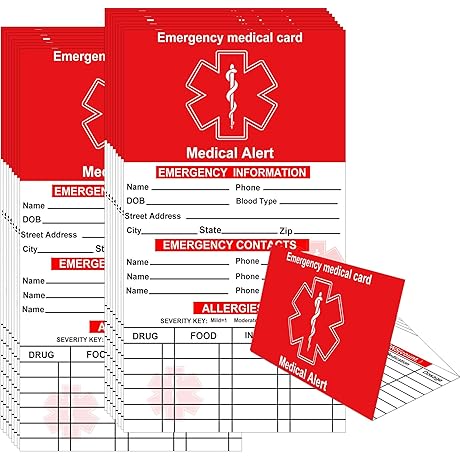 Red Medication List Card with Sleeves: Emergency Contact ID Wallet Card
