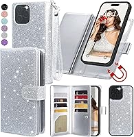 Vista 12 de Varikke Funda tipo cartera desmontable para iPhone 13 Pro Max con tarjetero para mujer, correa de cuero con purpurina a la moda, cartera magnética