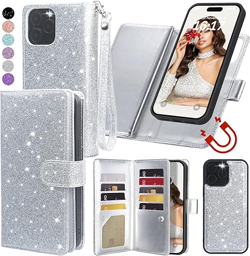 Varikke Funda tipo cartera desmontable para iPhone 13 Pro Max con tarjetero para mujer, correa de piel sintética con purpurina a la moda, cartera