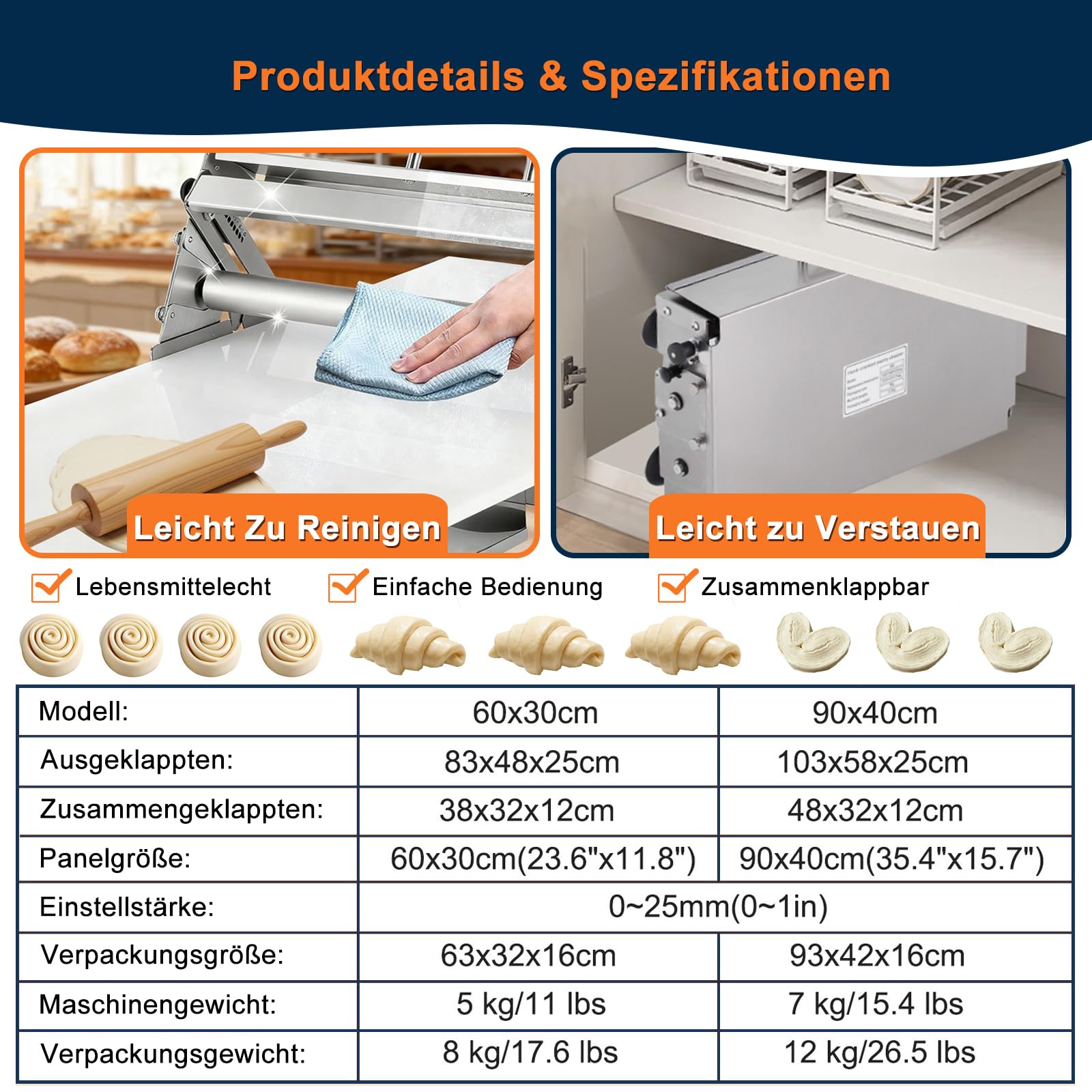 Tragbare,Teigausrollmaschine Faltbar & Manuell | Einstellbare Teigdicke 0-25 mm für Pizzateig, Blätterteig, Nudelteig & Croissants | Edelstahl (90x40cm)
