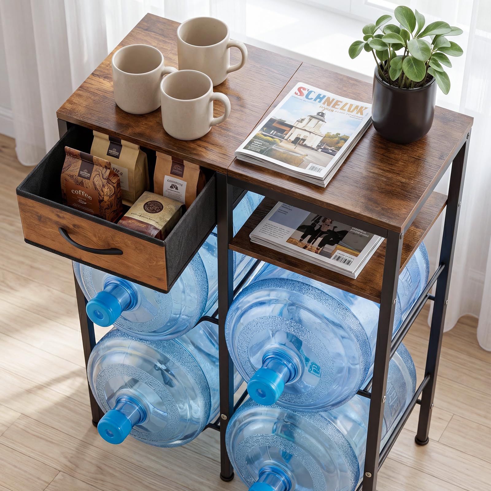 VEVOR Estante para Garrafas de Agua, Soporte para Botellas Grandes de Agua, Estantería para 4 Botellones con Estante de Exhibición y Cajón, Organizador de Almacenamiento para Oficina Comedor Salón