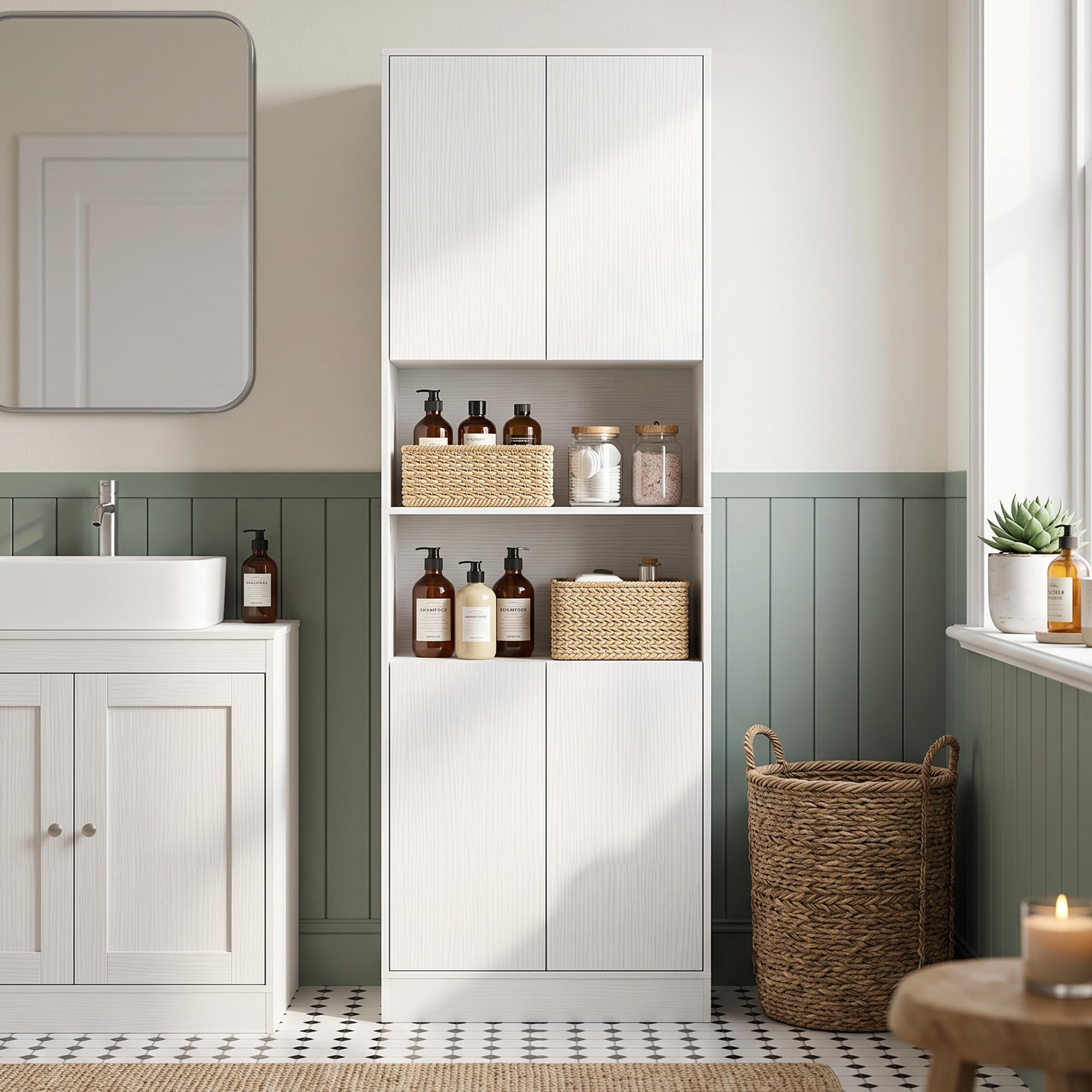 HOMCOM Alacena de Cocina Alta 4 Puertas, Cierre Suave 60x30x170 cm Blanco | Mueble Auxiliar de Cocina, Estantes Ajustables, 2 Compartimentos Abiertos, para Comedor, Salón