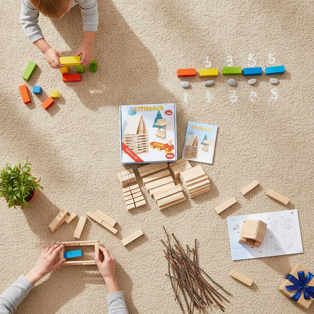 Bausteine aus für ab 3 Jahren - klötze Klötzchen mit Anleitung und Geschenkbox - zum Spielen, Bunt, 200 Stück