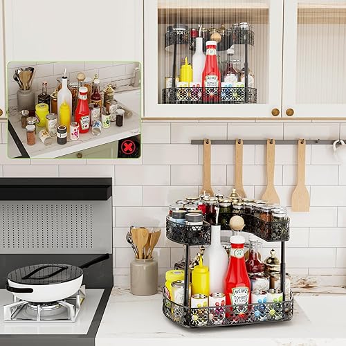 Miniatura 4 de Organizador de especias para gabinete, organizador de especias de 2 niveles con almohadilla antideslizante, organizador de tocadiscos Lazy Susan