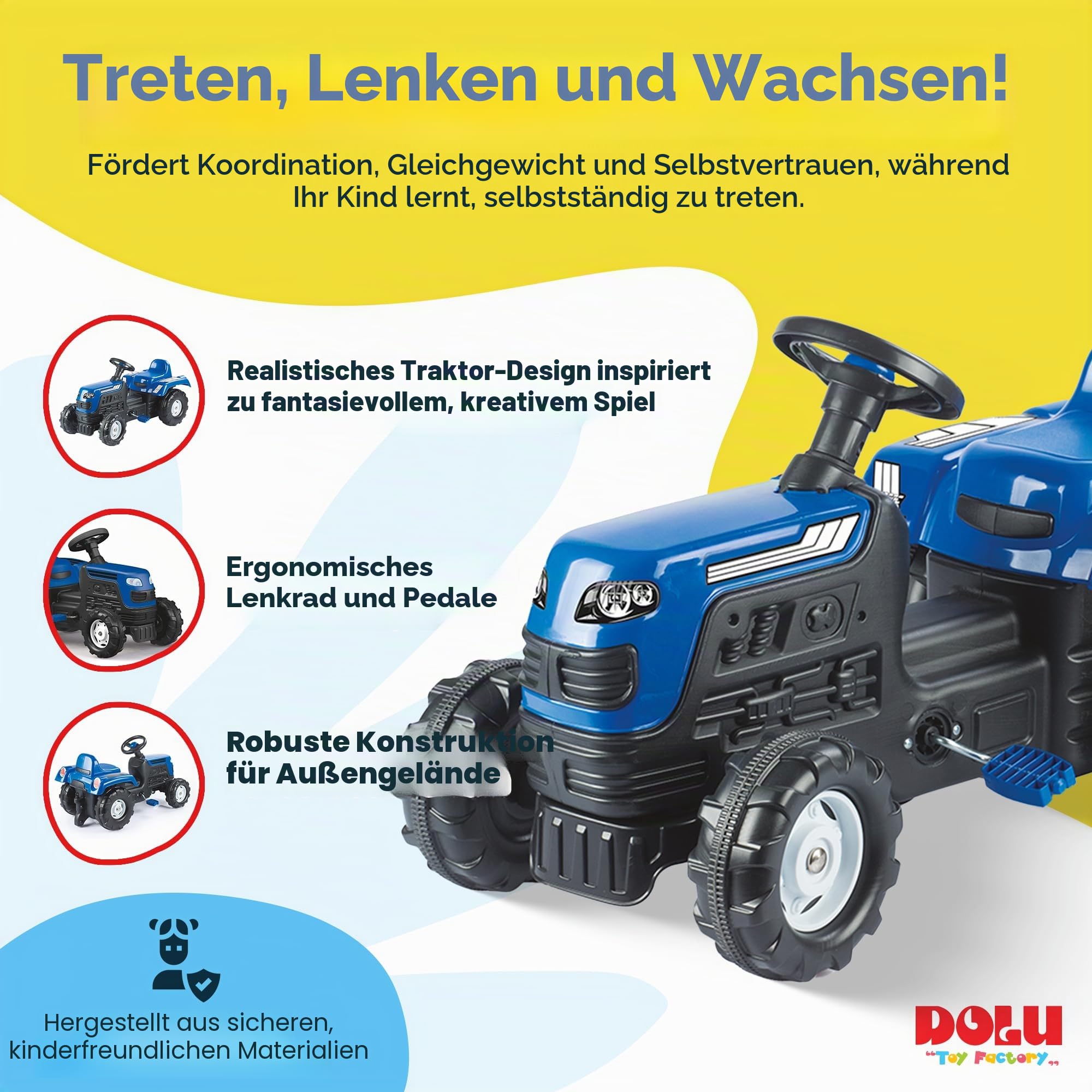 DOLU Pedaltraktor zum Fahren f?r Kleinkinder ab 3 Jahren, Ranchero Kinderpedaltraktor mit Hupe und Lernfunktion zum Treten - Ideales Spielzeug f?r drinnen und drau?en