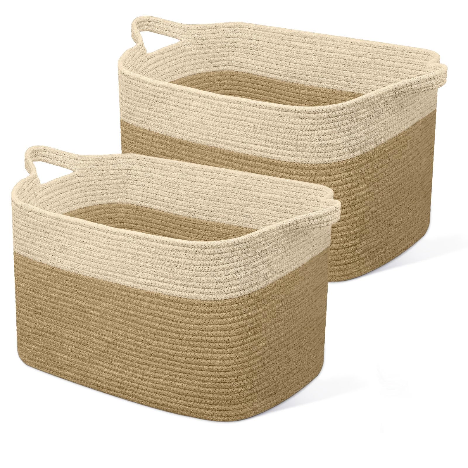 JOJOSEE Large Storage Basket, Blanket Basket for Clothes Bedding, Woven Storage Baskets, Toy Storage for Kids, Rope Basket for Living Room, Nursery, Bedroom 55x38x30 cm (Beige&Brown, 2 Pack)