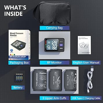 Blood Pressure Machine Upper Arm, 3 Size Cuffs, S, M/L and XL, Small 7-9, Medium/Large 9-17 and Extra Large Cuff 13-21, Accurate Automatic Digital BP Monitor, Large Backlit LCD, 3-User 1500 MEM