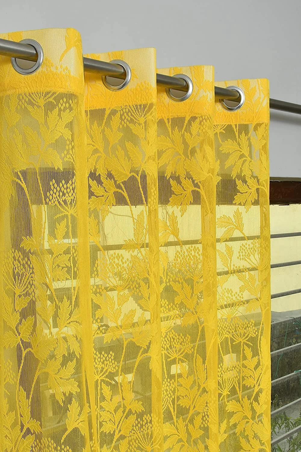 7Ft Door Curtain Set Of 2 | Heavy Tissue Net Floral Semi Transparent Sheer Parda For Home Living/Drawing And Bedroom, 4 X 7 Feet Door, Yellow Net Grommet Curtains , Pack Of 2 Pcs, Jhaad