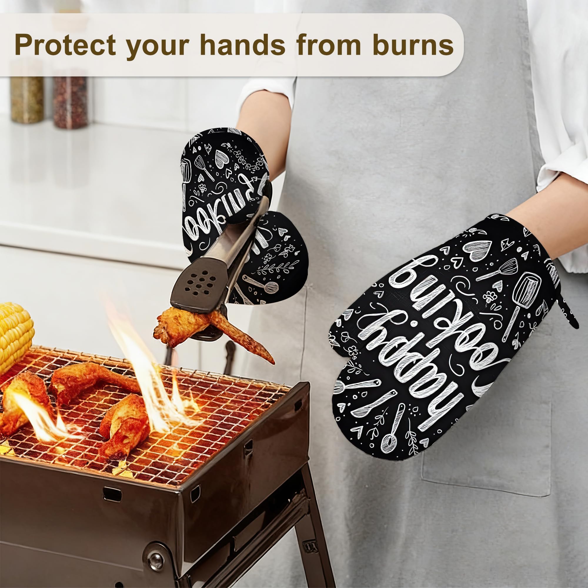 Happy Cooking - Juego de 4 manoplas de horno y soportes para ollas, guantes de cocina resistentes al calor con silicona antideslizante para hornear, cocinar, barbacoa