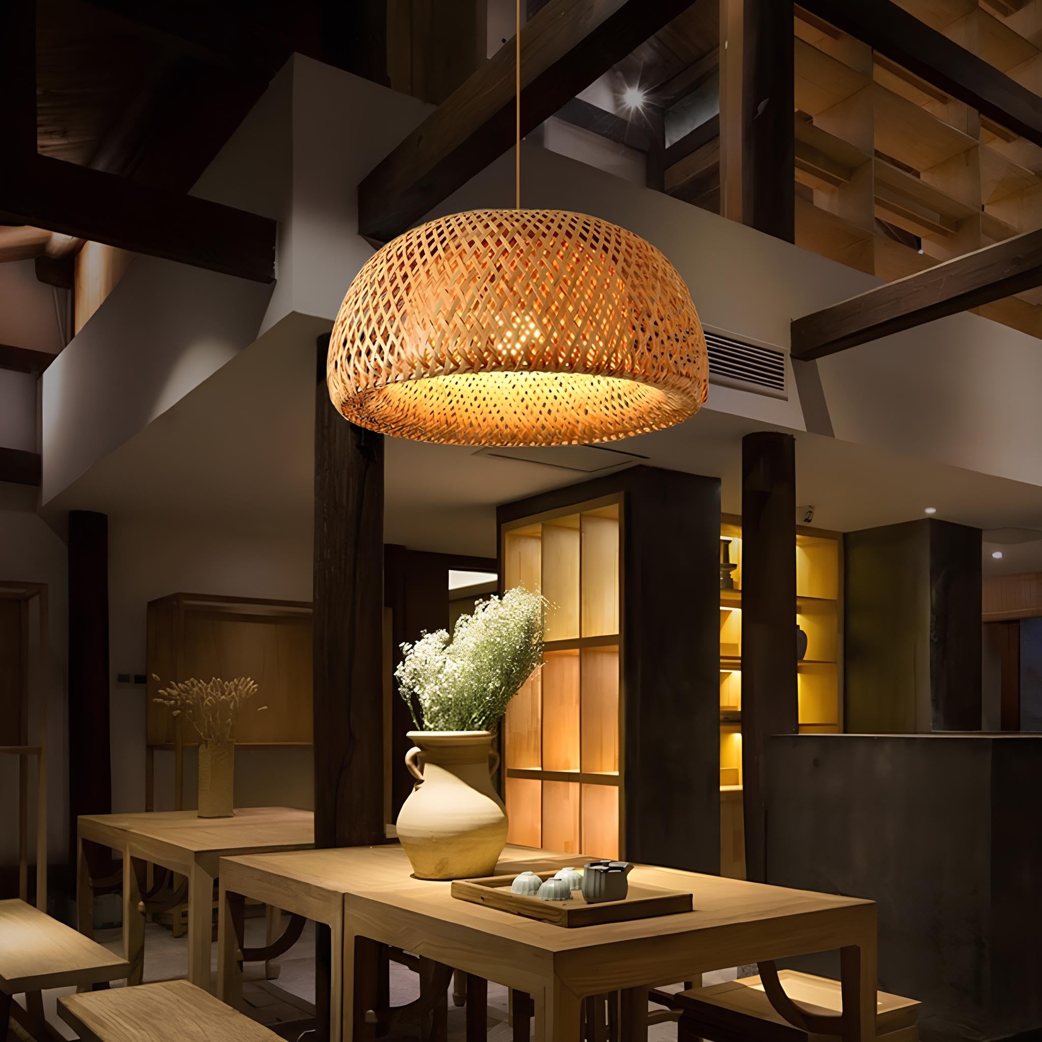 AKWAY Bamboo Hanging lamp for Living Room | Rattan Pendant lamp for Home Decoration | Cane Ceiling lamp | Wicker Hanging lamp (14" Dia x 6")