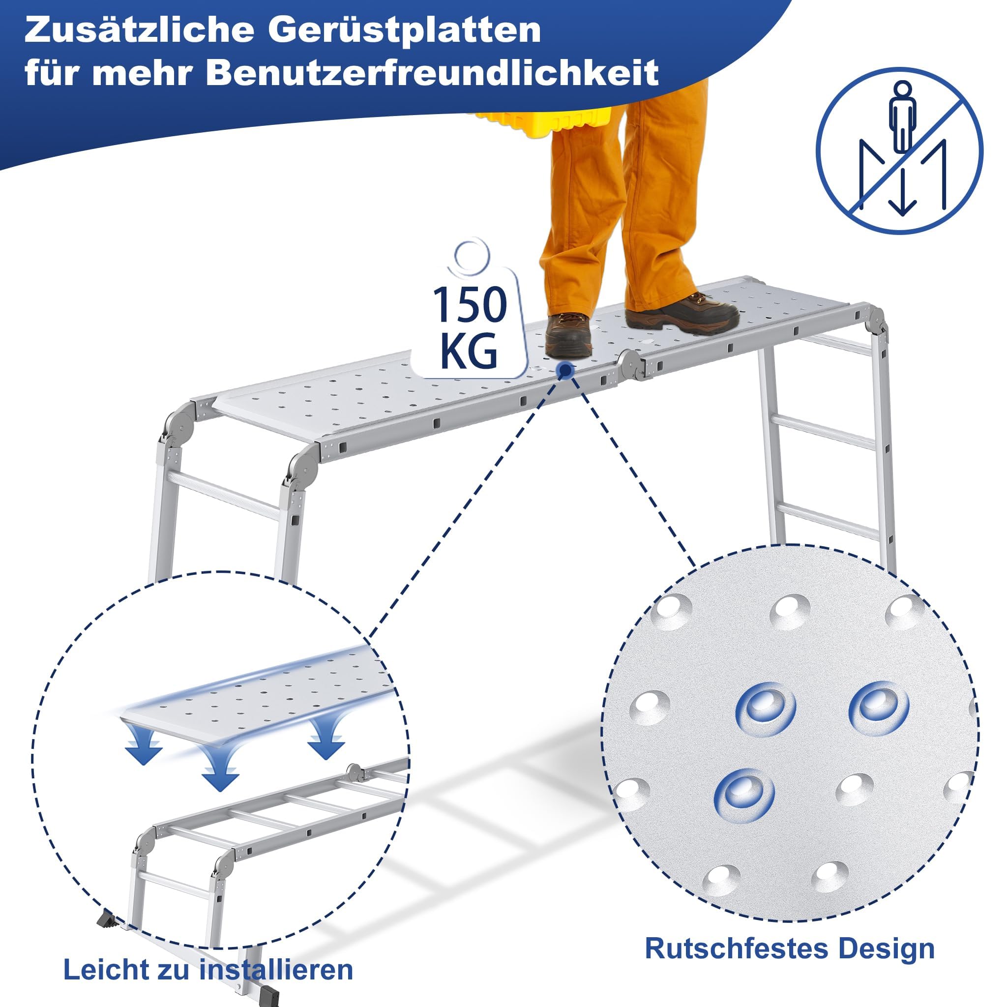 Froadp Escalera multiusos 6 en 1, 4,7 m, plegable, de aluminio, con 2 ruedas y plataforma, multifunción, soporta hasta 150 kg