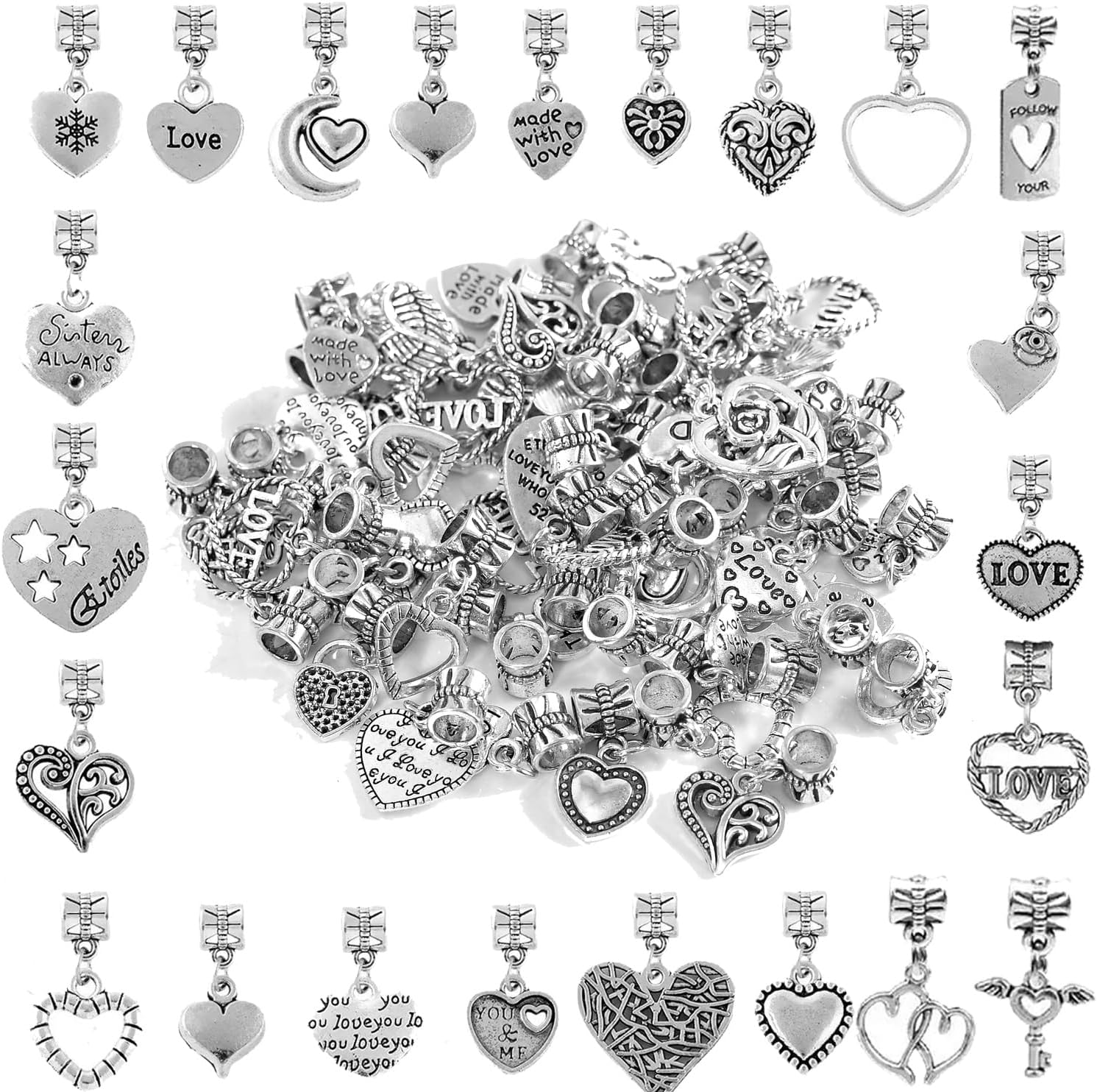 stino 50Pcs Silver Metal Bail Clasp Beads with Charms Mix-style | without repetition, Jewelry Making