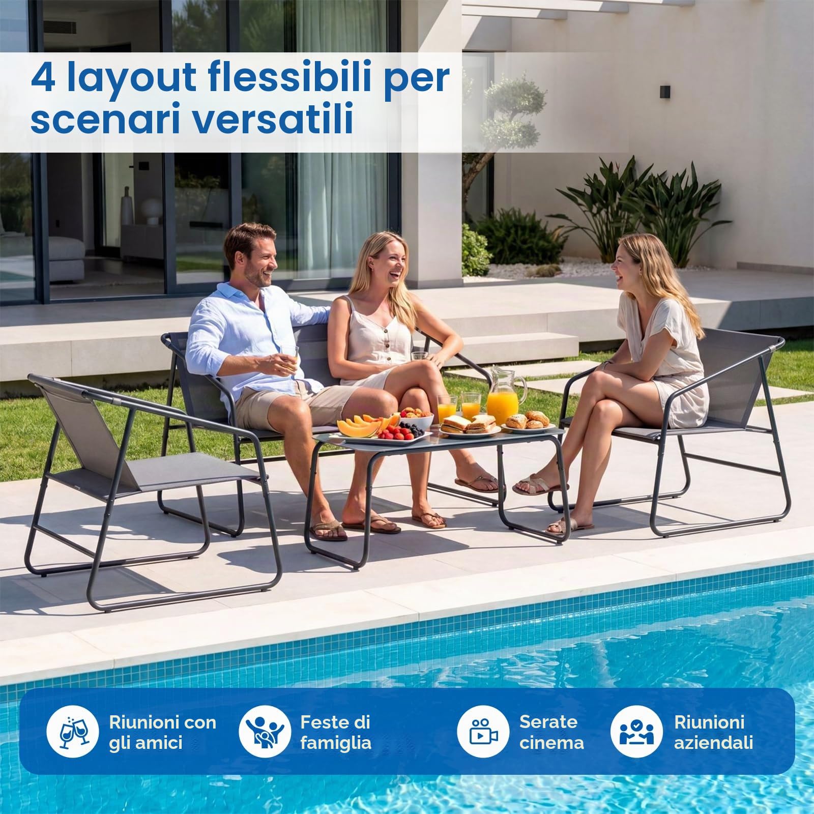 Clevich Set Salotto da Giardino 4 Pezzi in Textilene, Mobili da Esterno con Piedini Regolabili, Resistente agli Agenti Atmosferici, Adatto per Terrazzo, Giardino e Spazi Esterni, Grigio