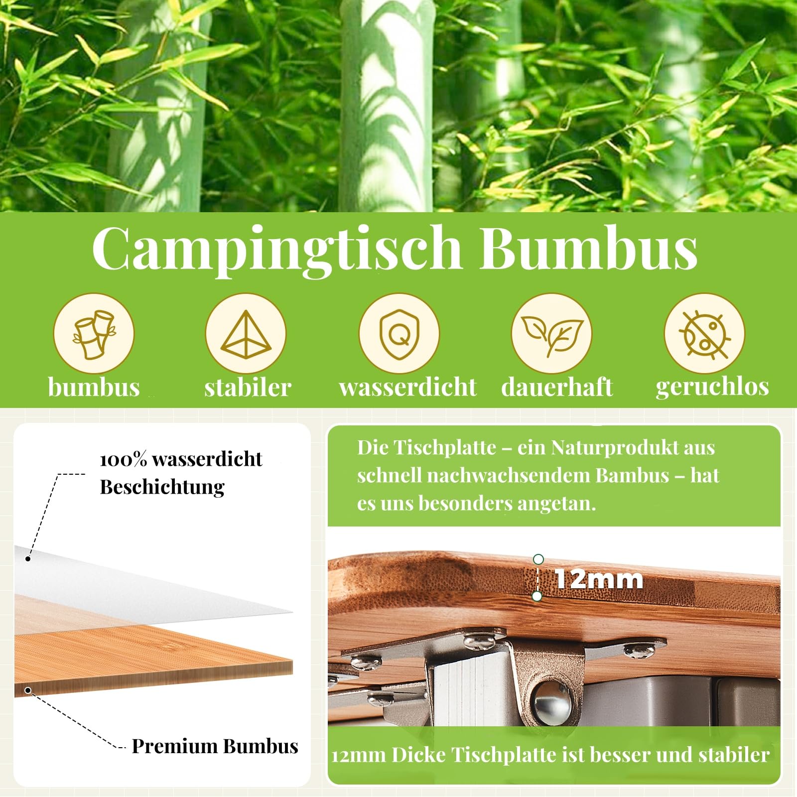 KingCamp Campingtisch und Campingstuhl Set, Campingzubehör Bundle mit höhenverstellbarem Bambus Klapptisch und XXL Relaxsessel, inklusive Tragetaschen
