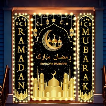 Preboun 3 Pcs Hanging Banner LED Decoration Set 71 x 35.4/11.8 Inch Lighted Backdrop and Porch Sign for Outside Outdoor DecorEid Mubarak
