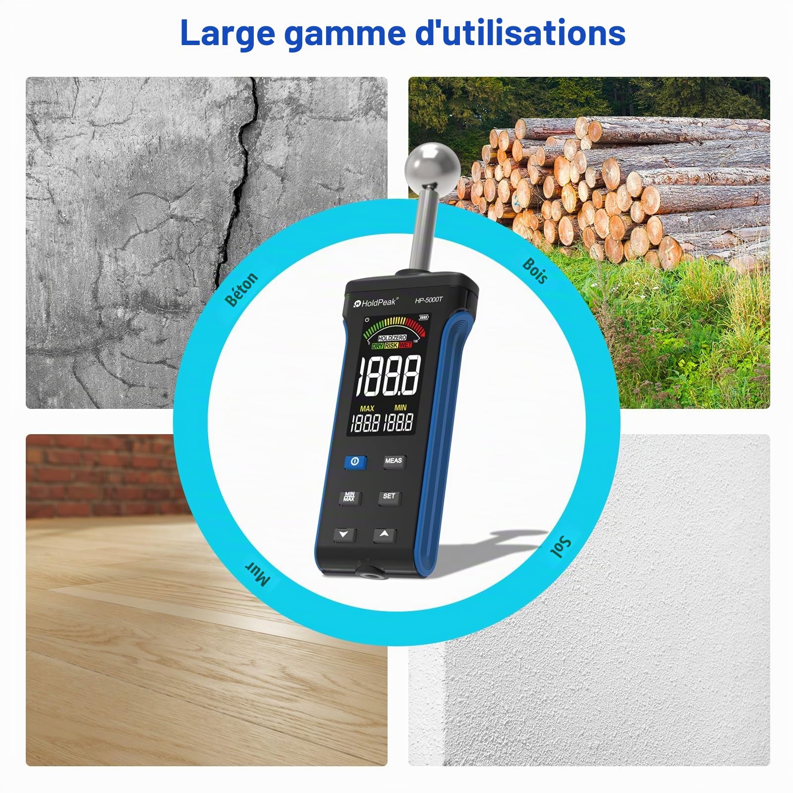 Testeur Humidité, H HOLDPEAK Humidimetre avec Ecran LCD Couleur et Fonction d'alarme, Pour Murs, Bois, Maçonnerie, Béton, Gypse, Matériaux de Construction, 20-40 mm de Profondeur D'analyse
