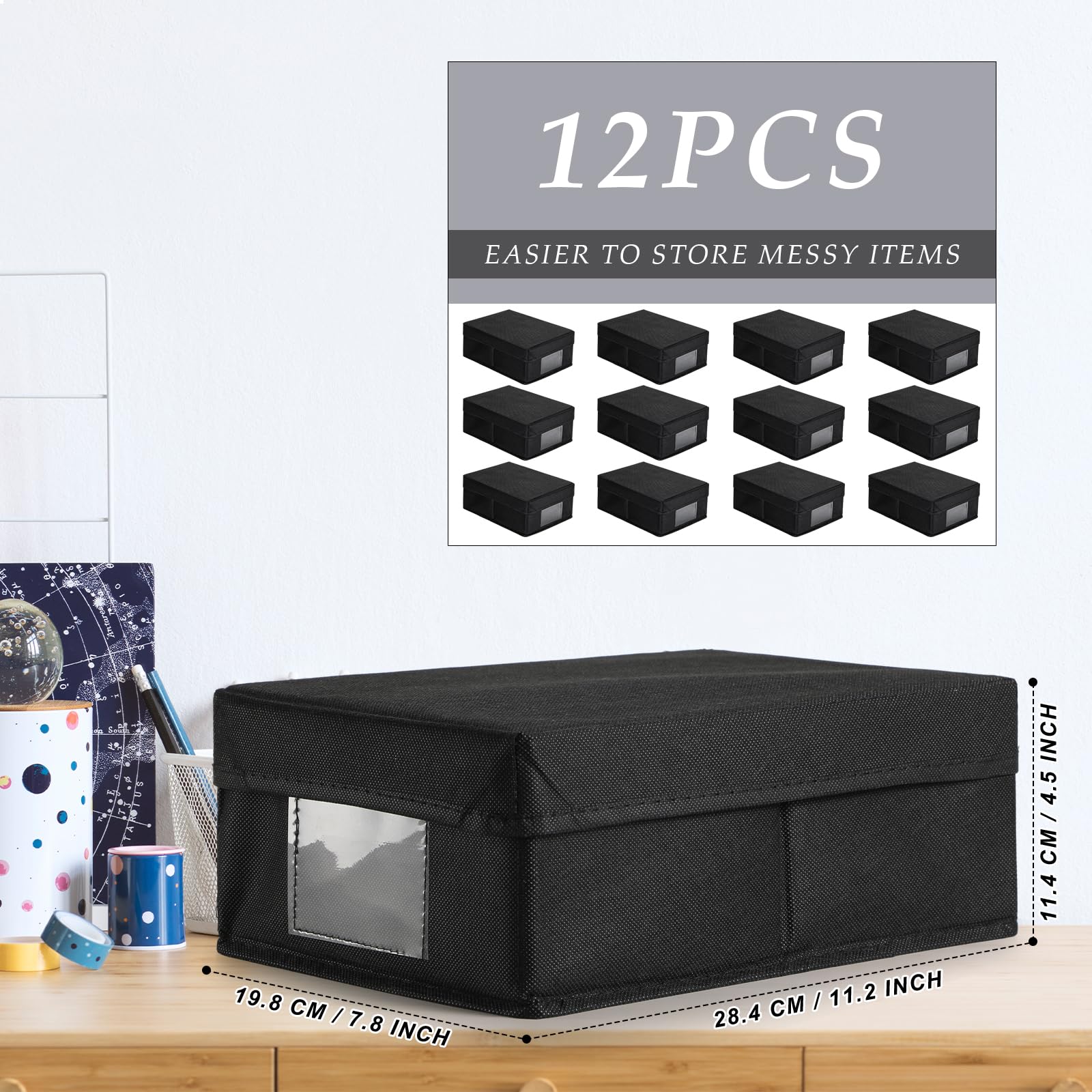 Qilery 12 Pack Fabric Photo Storage Box with Lid 11.2 x 4.5 x 7.8 Inch Foldable Black Memory Box Collapsible Keepsake Storage Container Bulk for Picture Envelope Document CD Prints Scrapbook