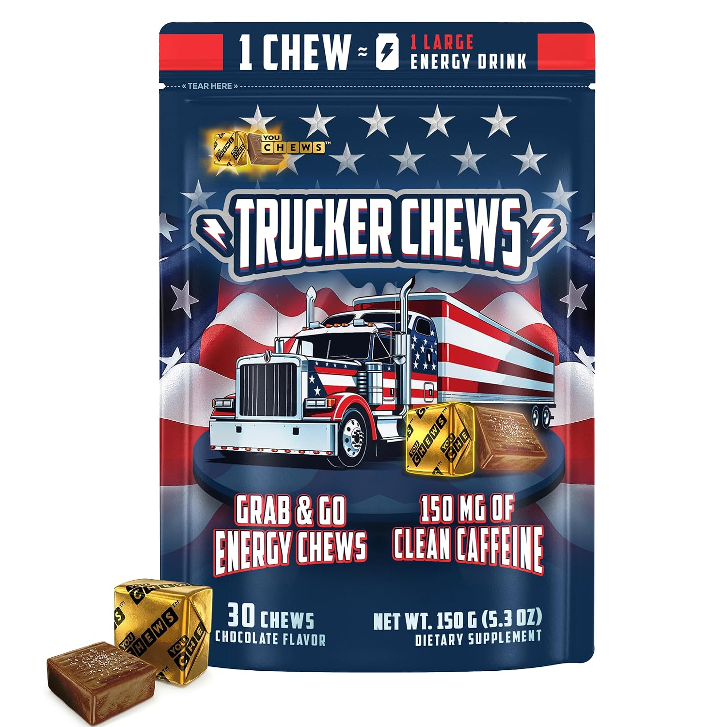 YouChews Trucker Chews, Energy Bites – 150mg of Caffeine, No Jitters Grab-and-Go Energy Chews, Individually Wrapped Daily Energy Support for Long Hauls and On-the-Road Drivers, 30 Count