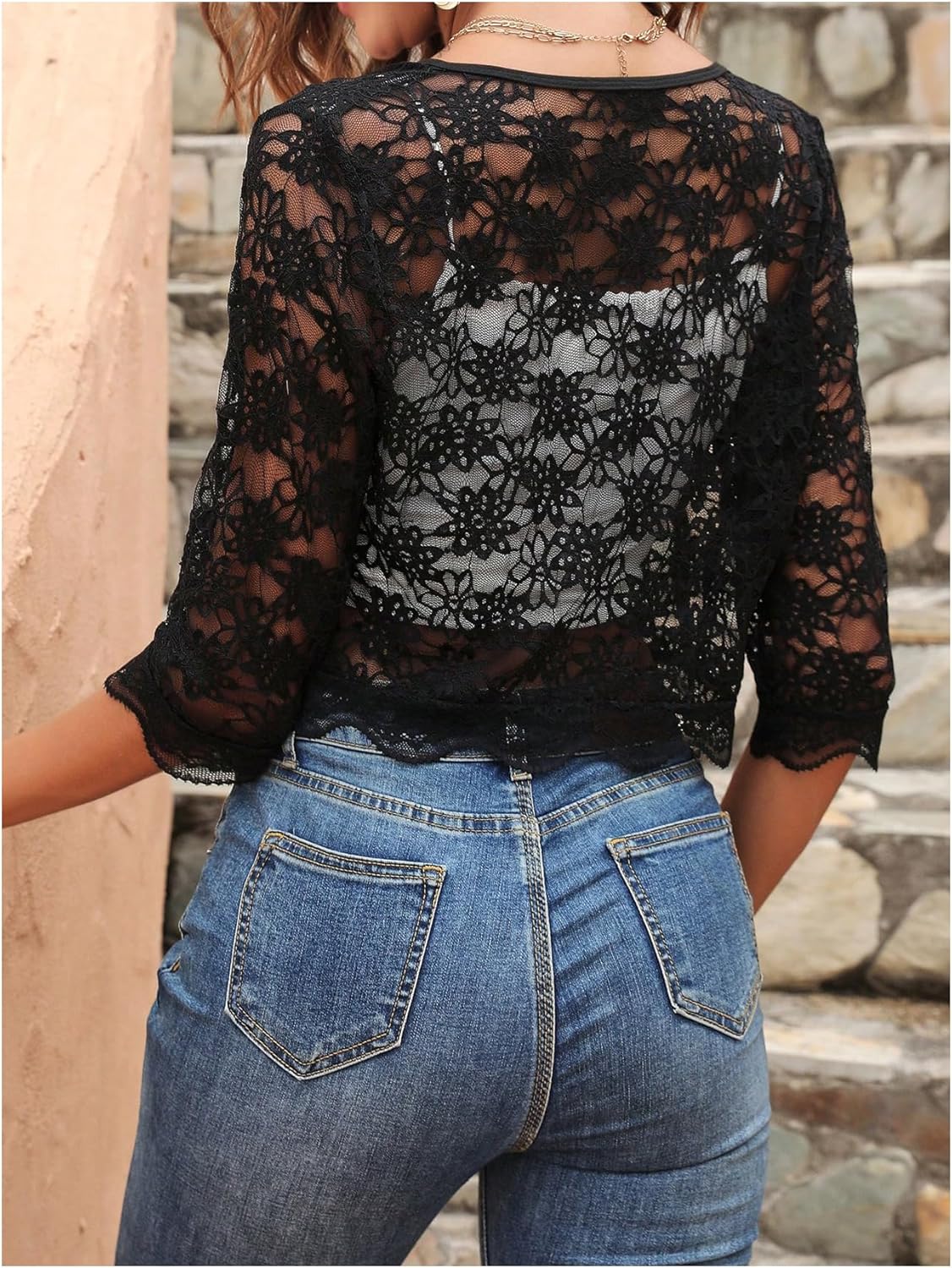 SHENHE Women's Sheer Lace Open Front 3/4 Sleeve Lightweight Cropped Jacket Shrug Bolero - Image 2