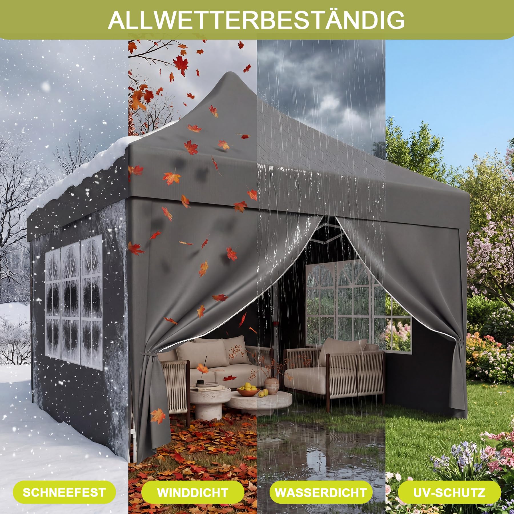 JUMMICO Faltpavillon 3x3 mit Hoher Spitze, um 60% Verbesserte Regenschutzleistung. UV 50+, Pavillon 3x3 Wasserdicht Stabil Winterfest, Shelter mit seitenwänden, für Garten und Camping, Dunkelgrau