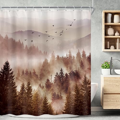 Miniatura 29 de Riyidecor Cortina de ducha de montaña verde rústica para baño, paisaje de bosque, paisaje, tela impermeable, paisaje alpino, decoración de baño