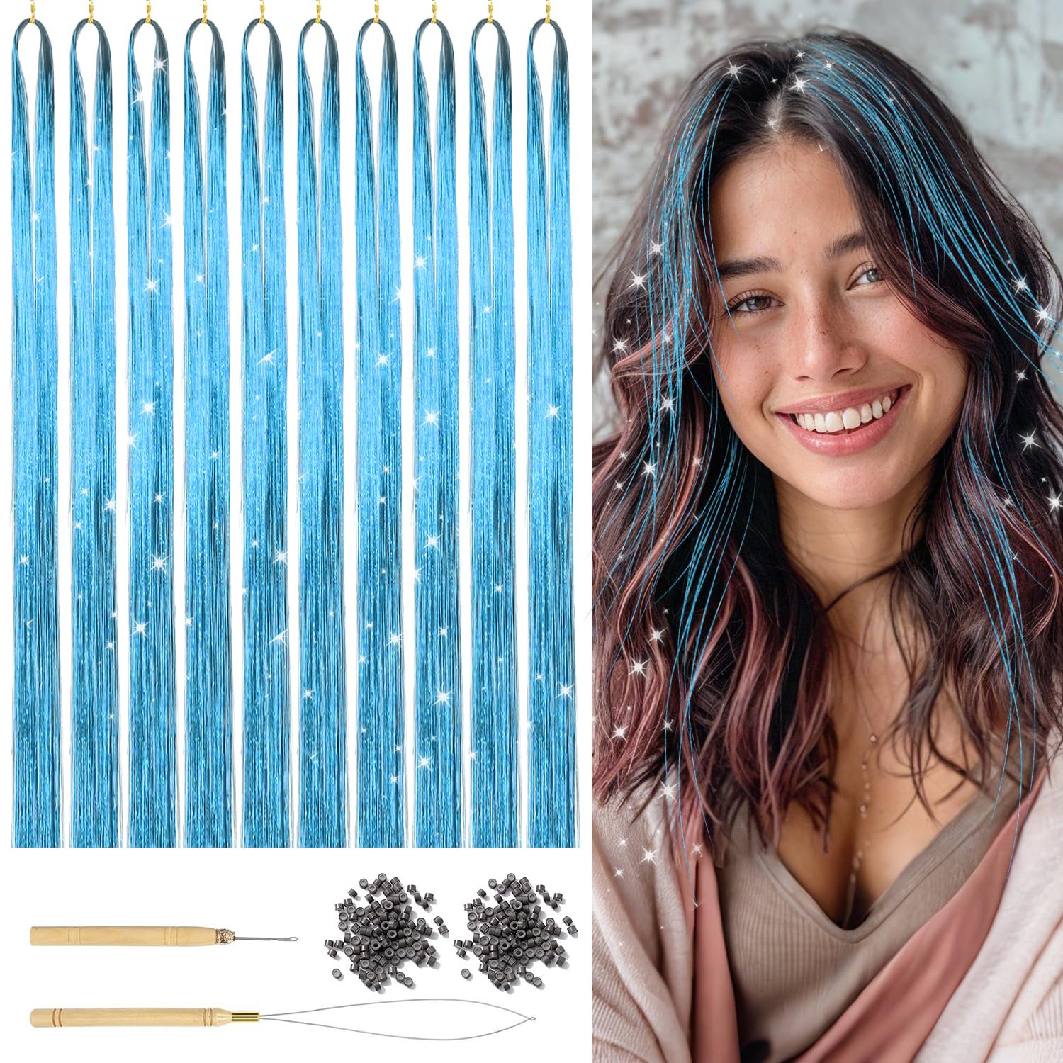 Kit de Tinsel Azul de 47 Pulgadas, Mechones de Extensiones de Pelo Brillante para Mujeres y Niñas, Accesorios de Fiesta