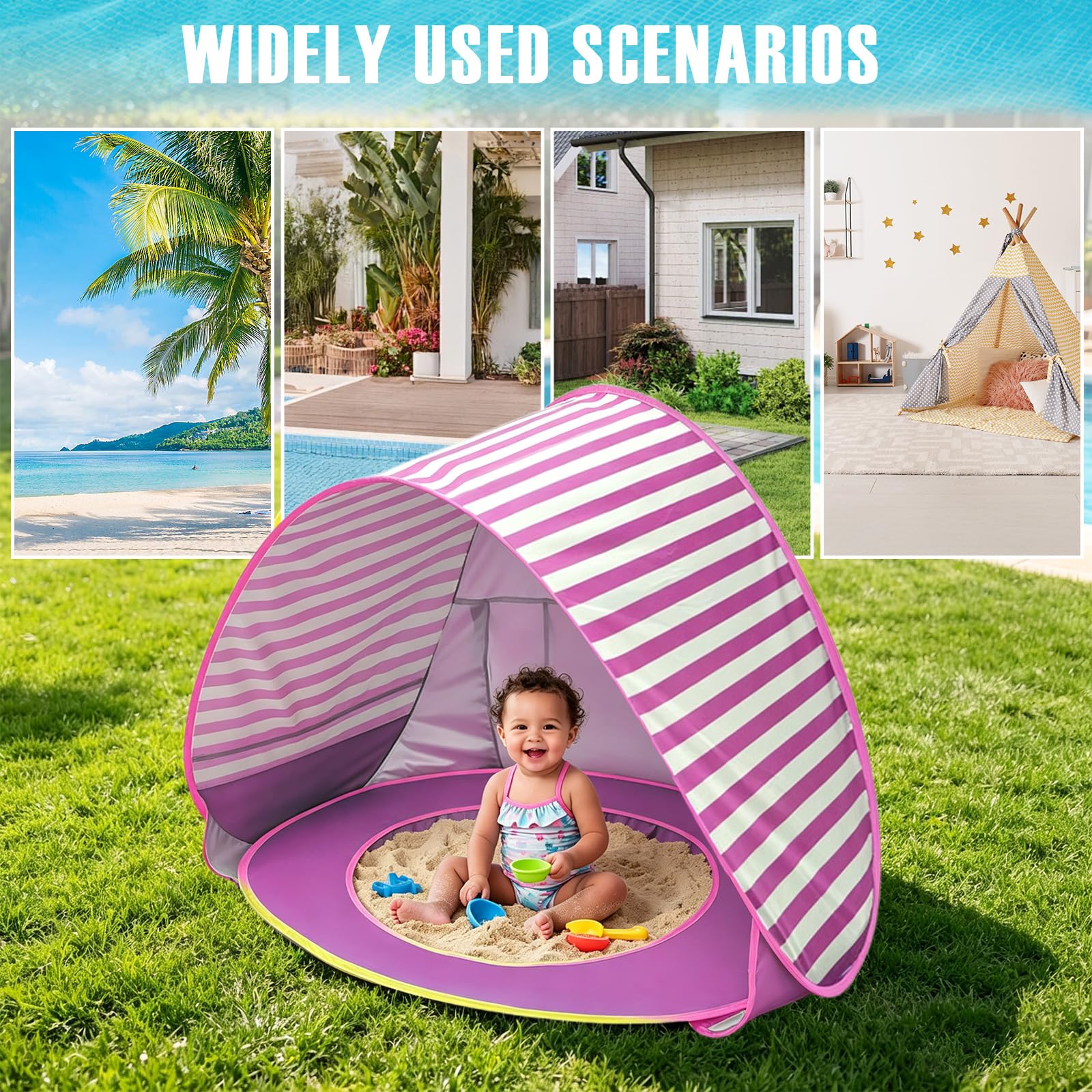 Refugio de playa para bebé con mini piscina, tienda de playa para bebé con protección UV, concha de playa portátil para niños, protección solar, tienda de playa para playa, jardín y viajes (rayas