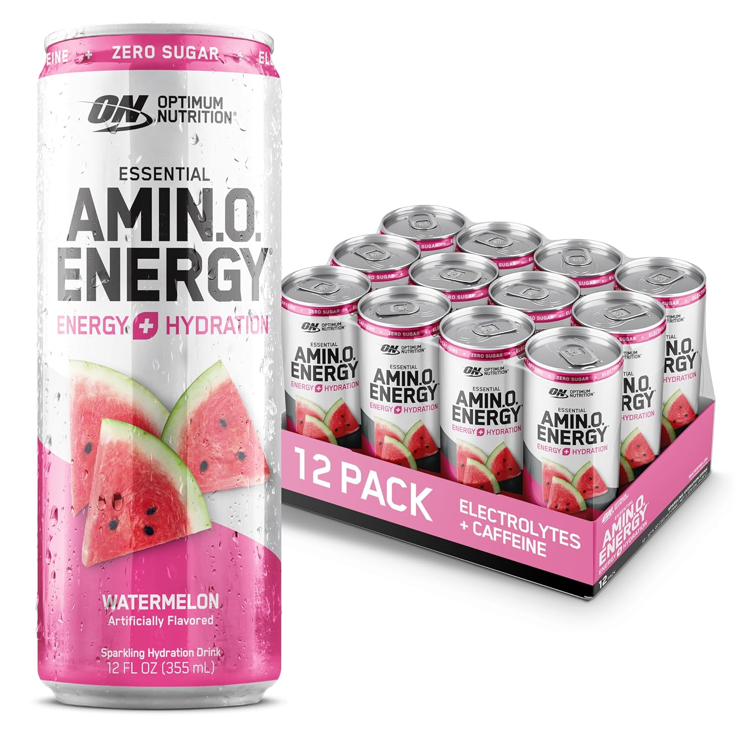 by 4/27/2026 optimum nutrition amino energy sparkling hydration drink, electrolytes, caffeine, amino acids, bcaas, sugar free, watermelon, 12 fl oz, 12 pack (packaging may vary) amino energy sparkling watermelon 12 count (pack of 1)