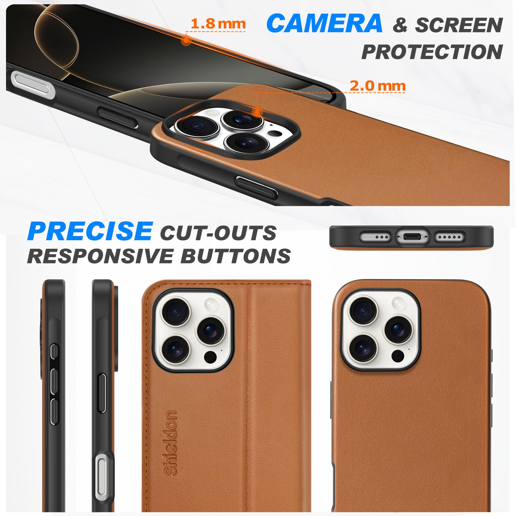 SHIELDON Custodia in Vera Pelle per iPhone 16 Pro 6,3" 2024, Marrone Sella | Custodia a Libro Portafoglio 2 in 1, Blocco RFID, Ricarica Wireless, Magnetica, Antiurto, Rimovibile