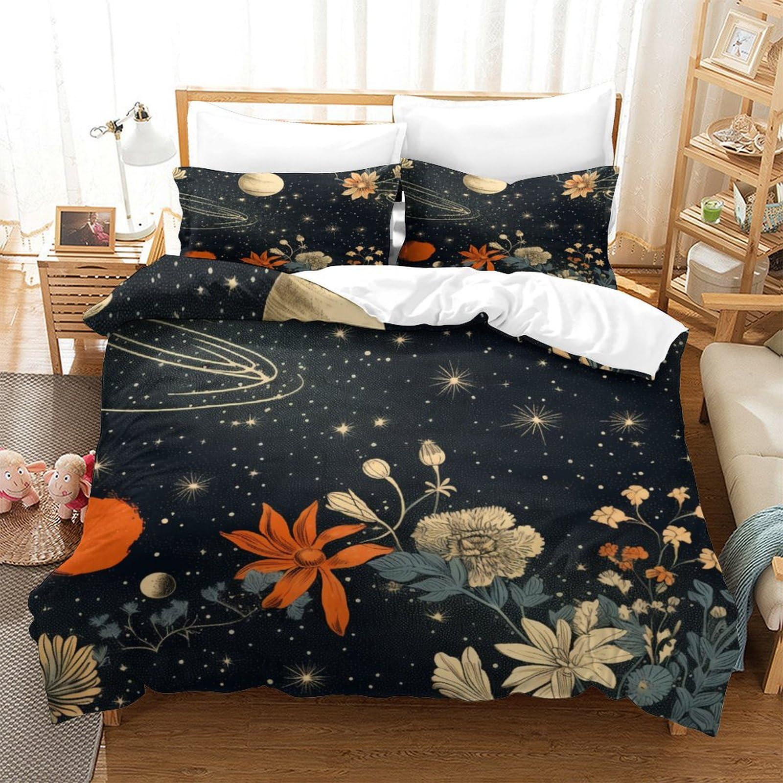 P1S9U7W5Y 3D Printed Cosmic Floral Duvet Cover Set 3pcs Soft Microfiber Starry Bedding Set King